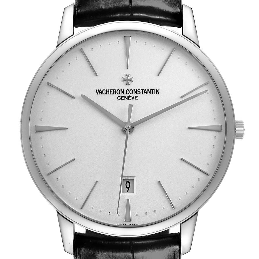 The Vacheron Constantin Patrimony watch is shown from the front, featuring the dial, hands, indices, and date window.