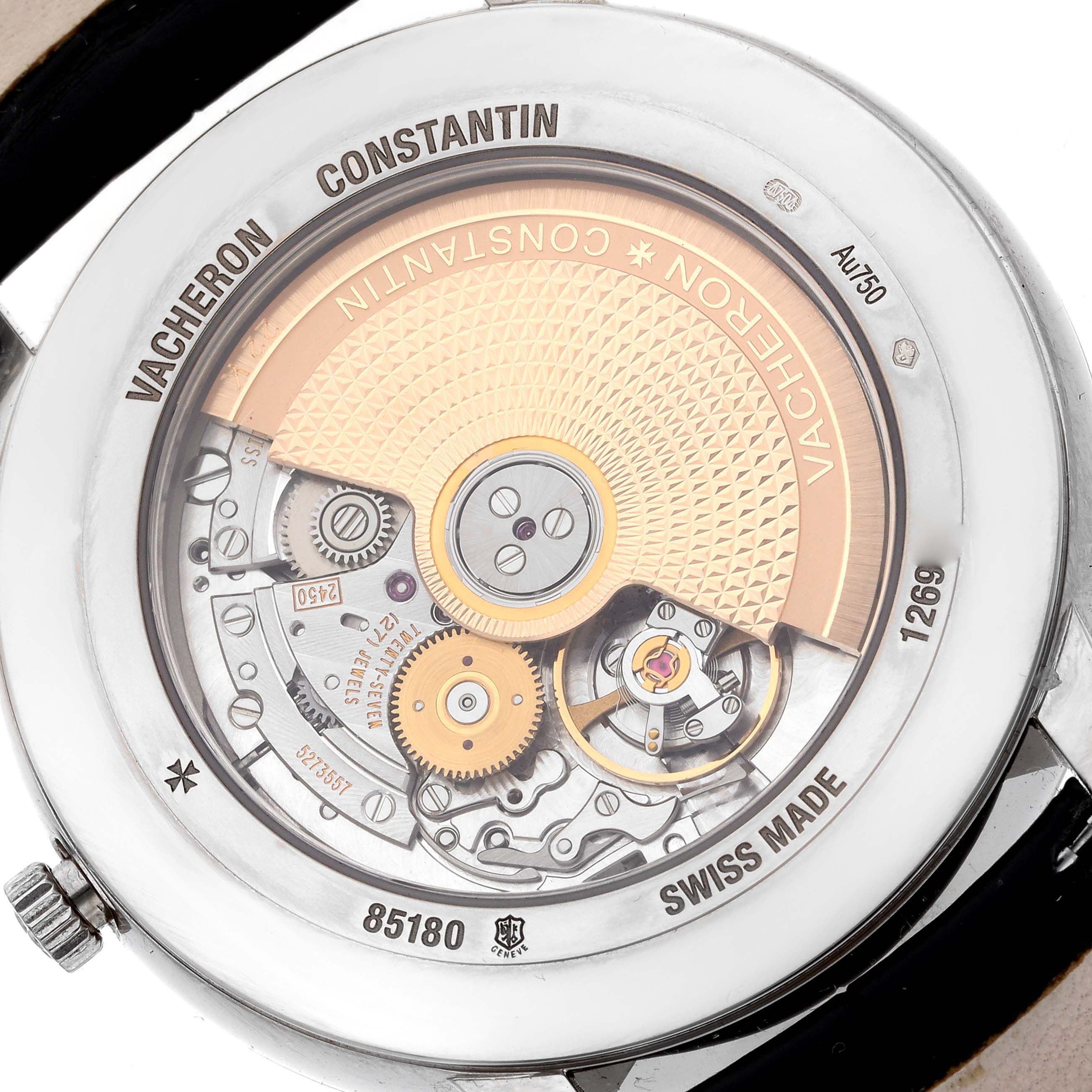 The image shows the back view of the Vacheron Constantin Patrimony 85180/000G-9230 Men's White Gold Silver Dial 85180/000G-9230 Men's White Gold Silver Dial watch, highlighting its intricate movement and Swiss-made details.
