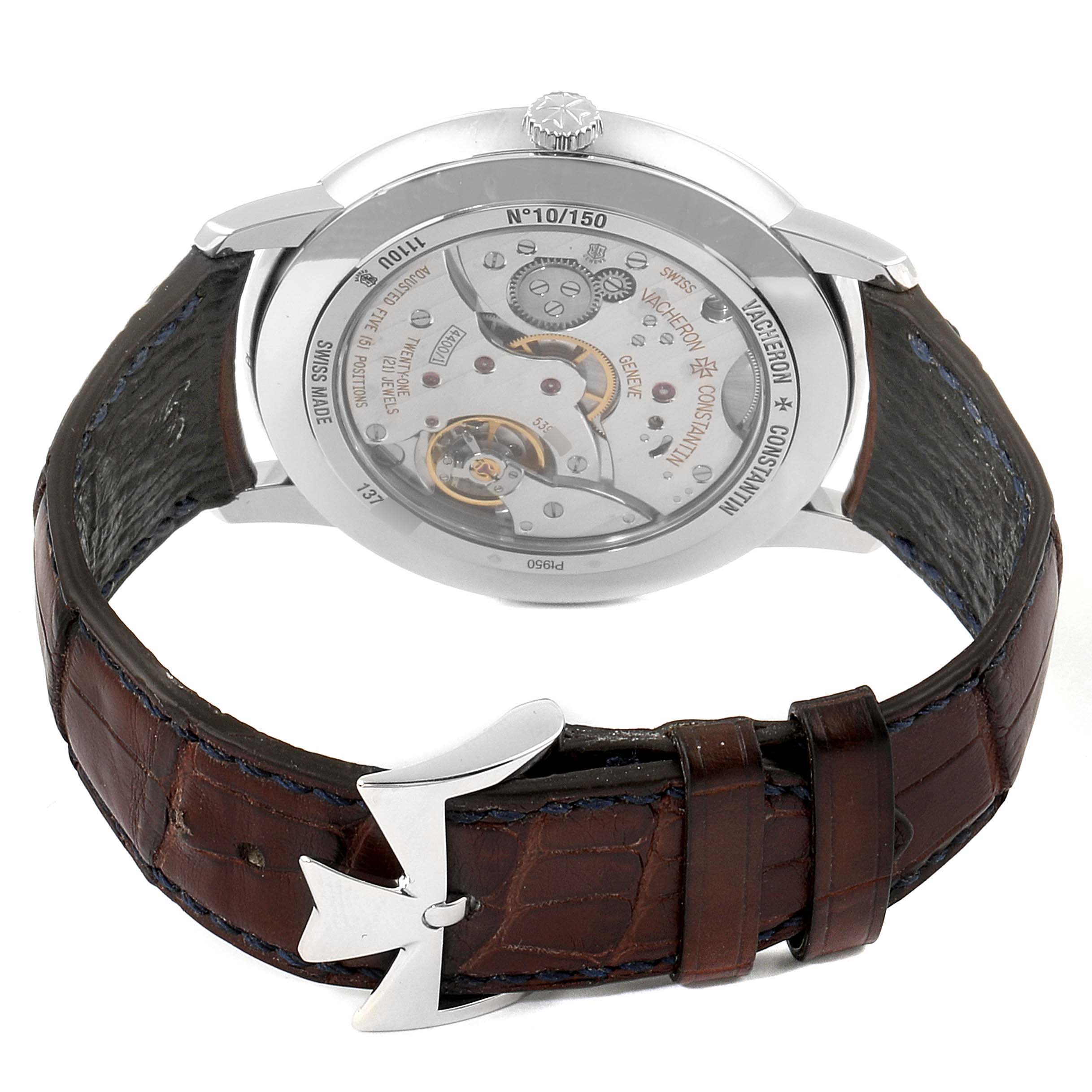This image shows the back view of the Vacheron Constantin Patrimony 1110U/000P-B306 Men
s Platinum Silver Dial 1110U/000P-B306 Men
s Platinum Silver Dial watch, highlighting its movement and leather strap.