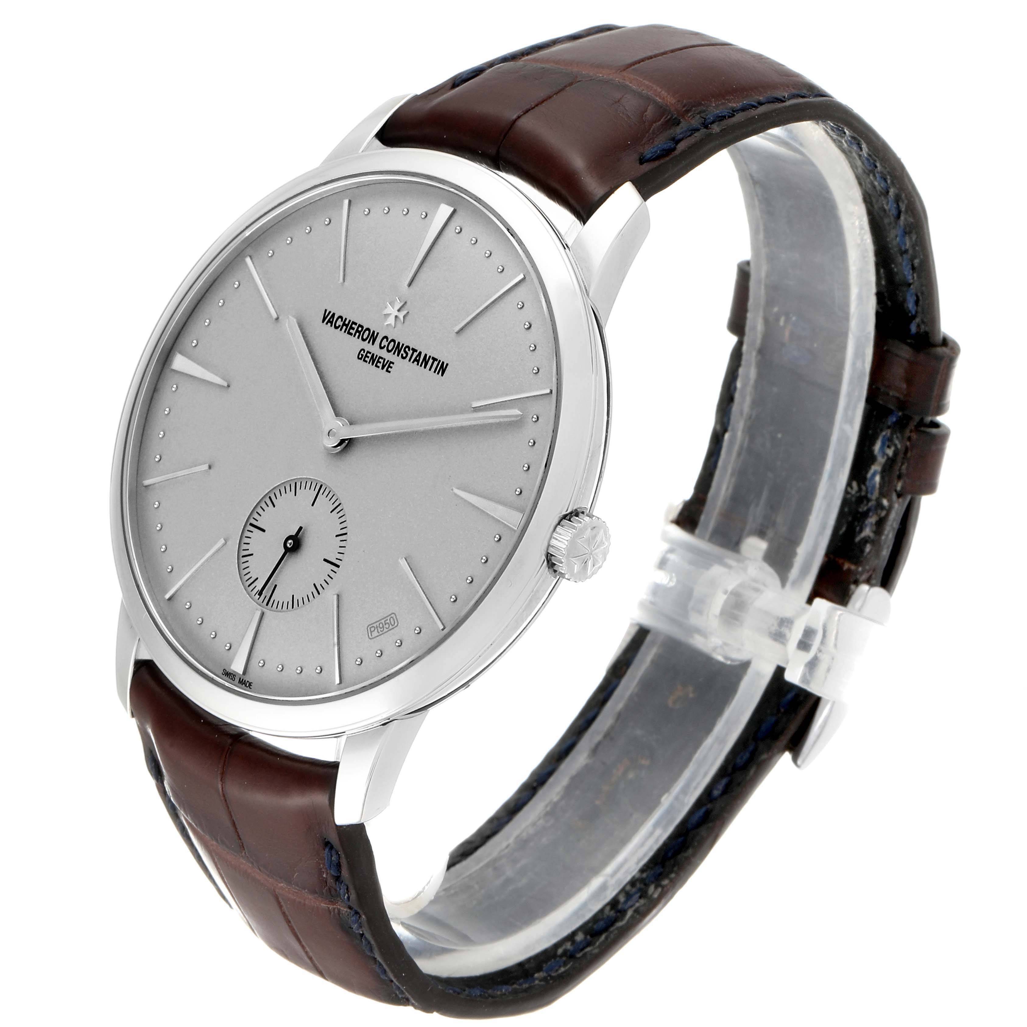 The Vacheron Constantin Patrimony 1110U/000P-B306 Men
s Platinum Silver Dial 1110U/000P-B306 Men
s Platinum Silver Dial watch is shown at a three-quarter angle, displaying its dial, crown, and brown leather strap.