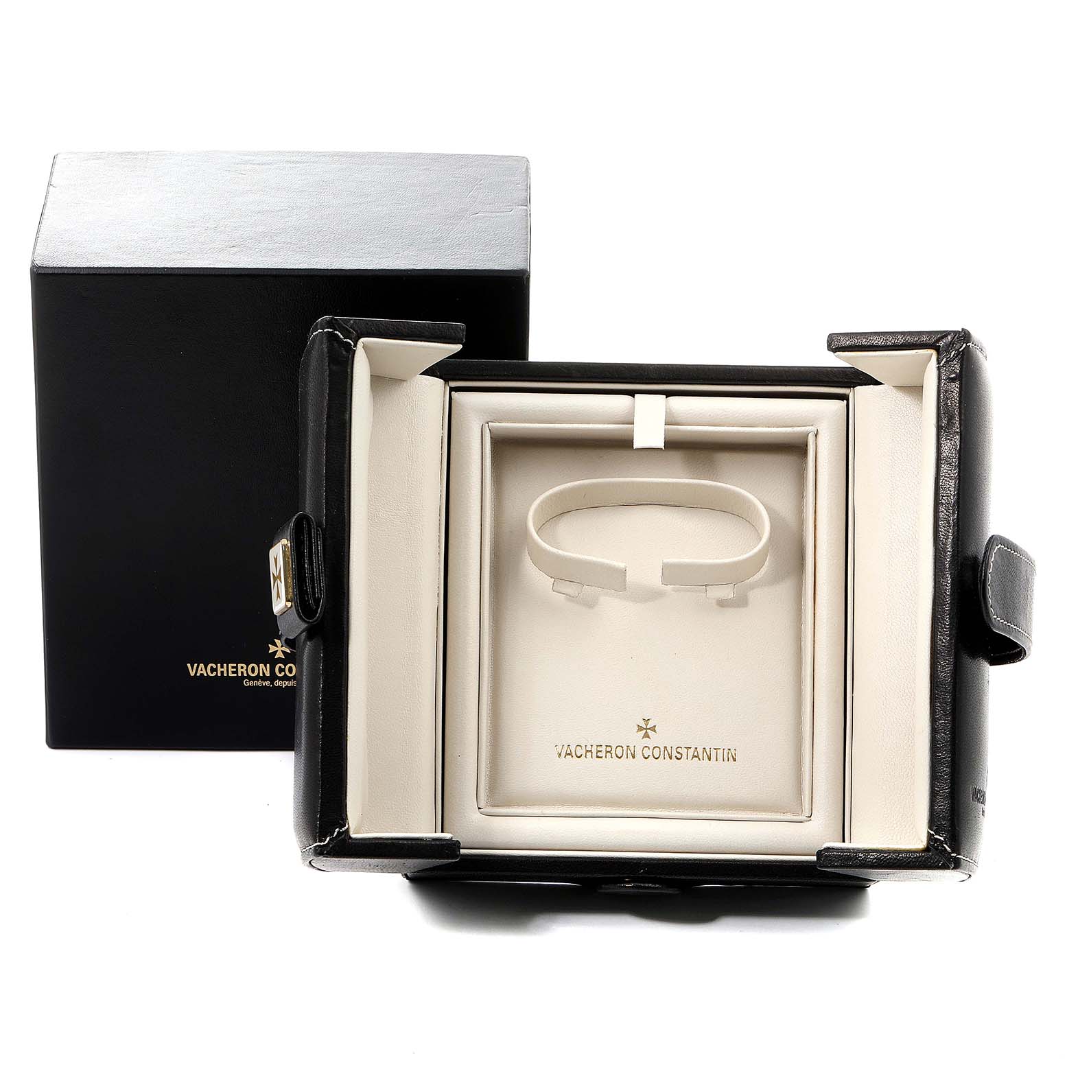 The image shows the open box for a Vacheron Constantin Patrimony 1110U/000P-B306 Men
s Platinum Silver Dial 1110U/000P-B306 Men
s Platinum Silver Dial watch, displaying its interior packaging.