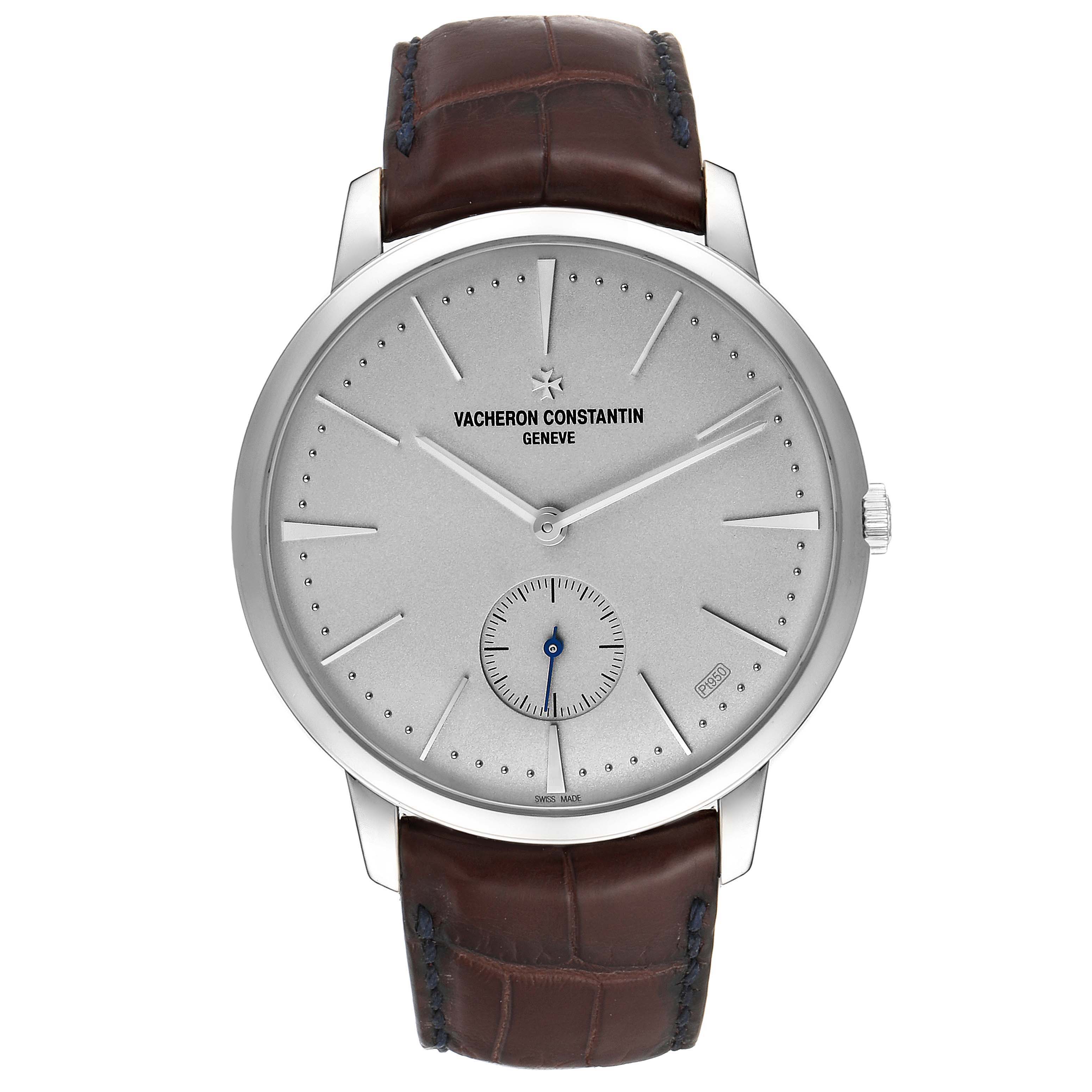 This image shows a front view of the Vacheron Constantin Patrimony 1110U/000P-B306 Men
s Platinum Silver Dial 1110U/000P-B306 Men
s Platinum Silver Dial watch, featuring its dial, hands, and leather strap.