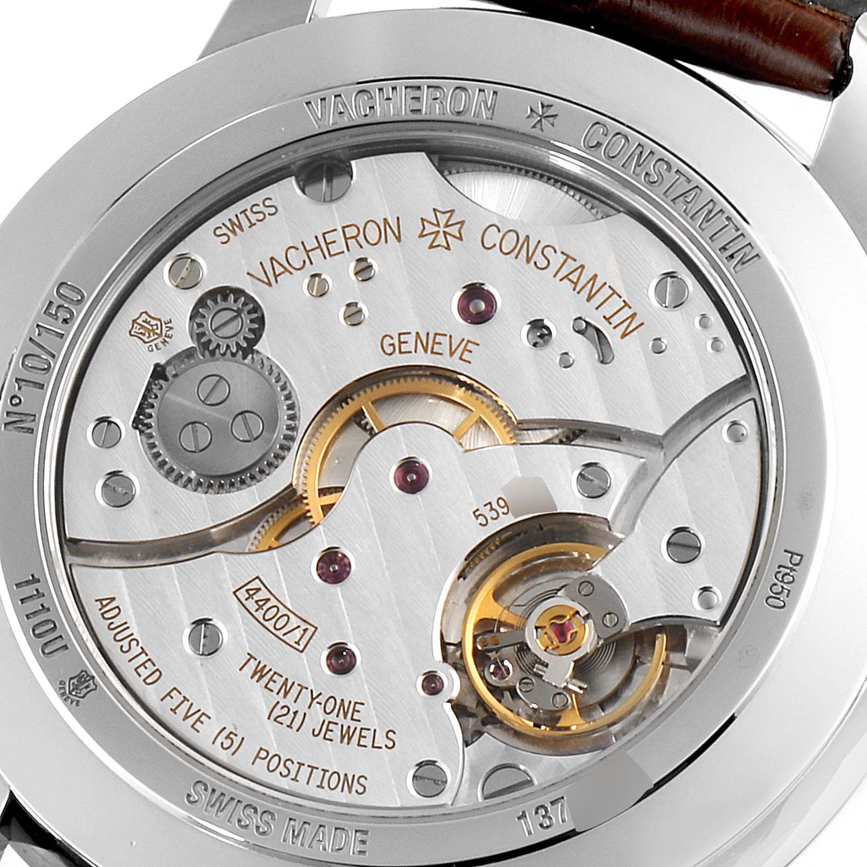 The image shows the caseback of the Vacheron Constantin Patrimony 1110U/000P-B306 Men
s Platinum Silver Dial 1110U/000P-B306 Men
s Platinum Silver Dial watch, highlighting its intricate movement components.