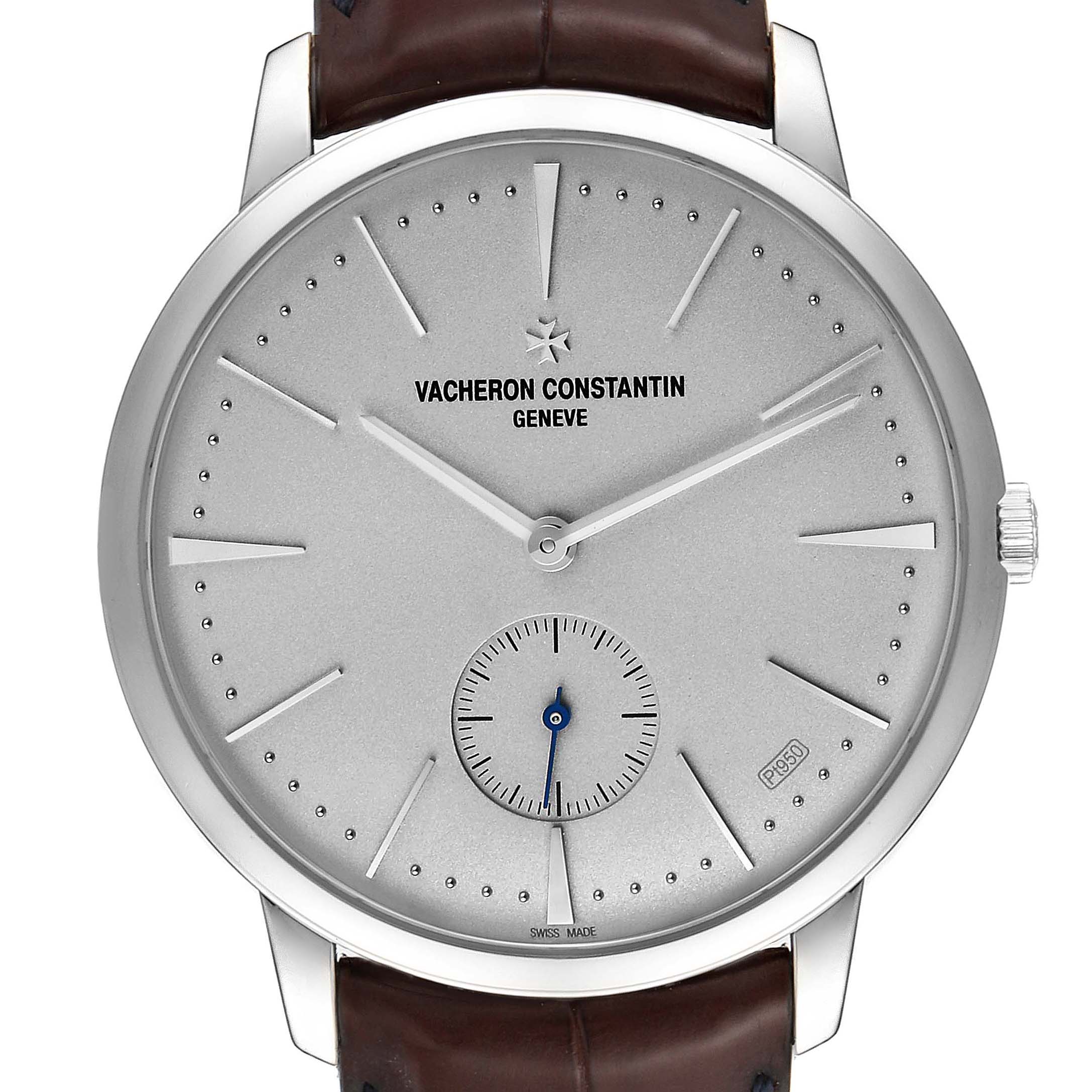 The image shows a front view of a Vacheron Constantin Patrimony 1110U/000P-B306 Men
s Platinum Silver Dial 1110U/000P-B306 Men
s Platinum Silver Dial watch, including the dial, hands, and part of the leather strap.