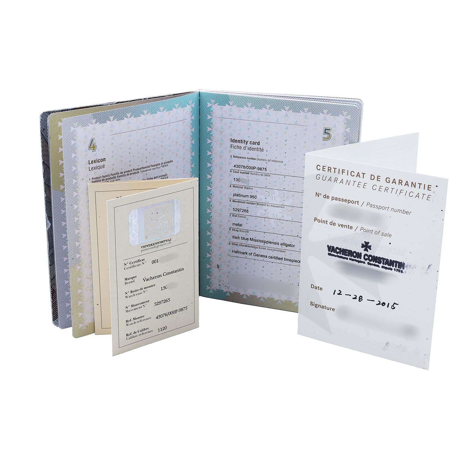 The image shows warranty and identification documents for the Vacheron Constantin Traditionnelle 43076 Men's Platinum Silver Dial model from a side angle.