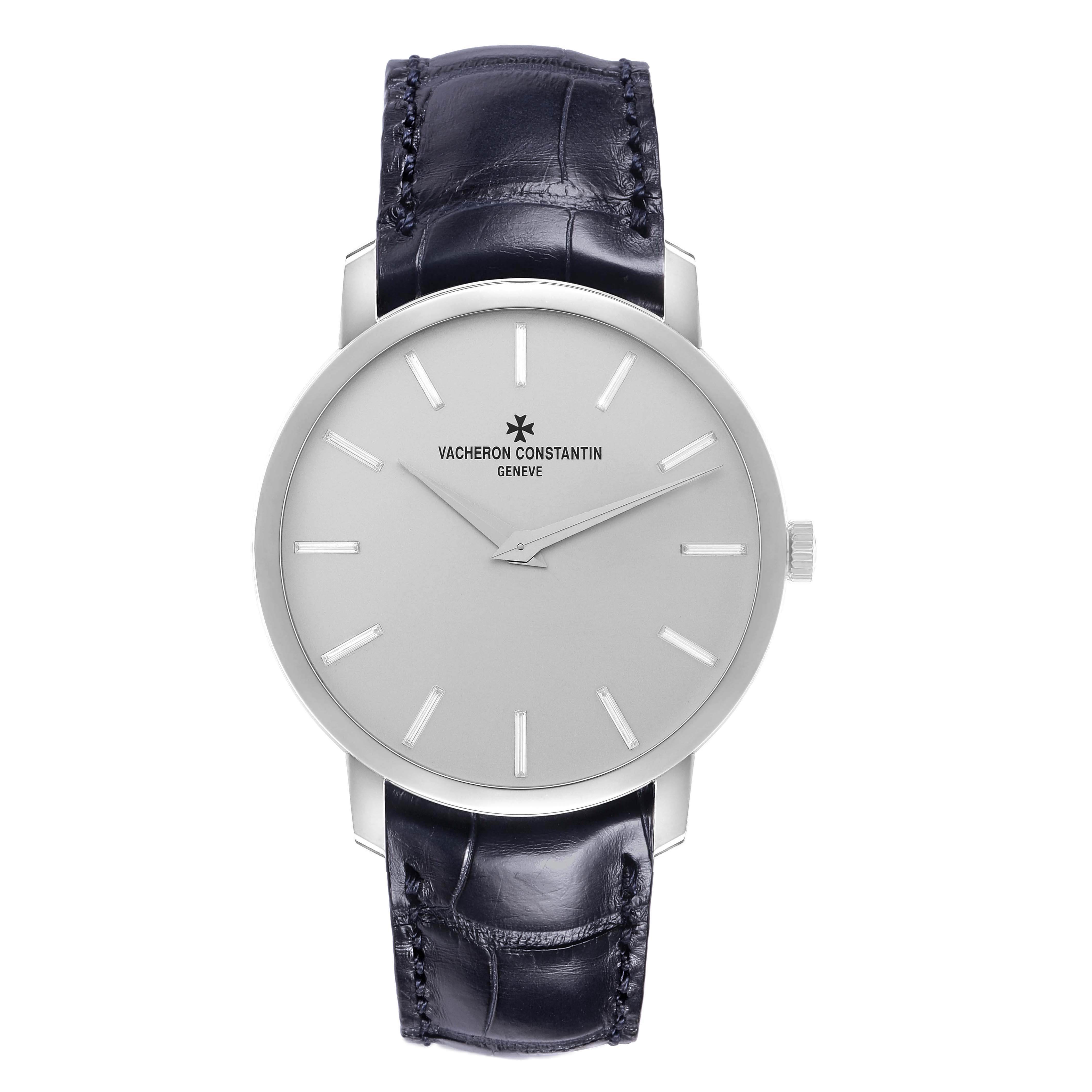 The Vacheron Constantin Traditionnelle 43076 Men's Platinum Silver Dial watch is shown from a front-facing angle, displaying the dial, case, and strap clearly.