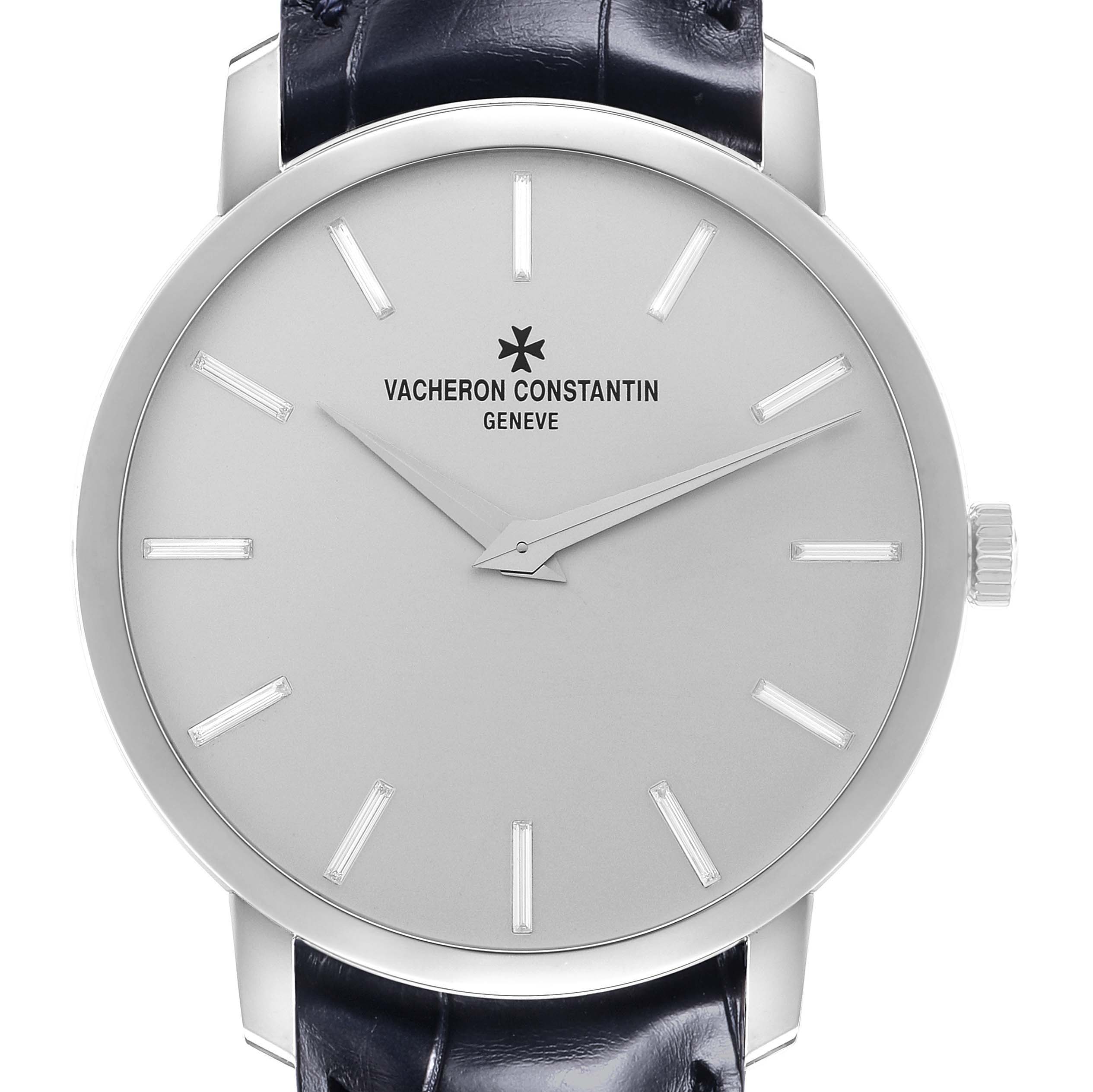 The Vacheron Constantin Traditionnelle 43076 Men's Platinum Silver Dial watch is shown from a front angle, displaying the dial, markers, hands, and part of the strap.