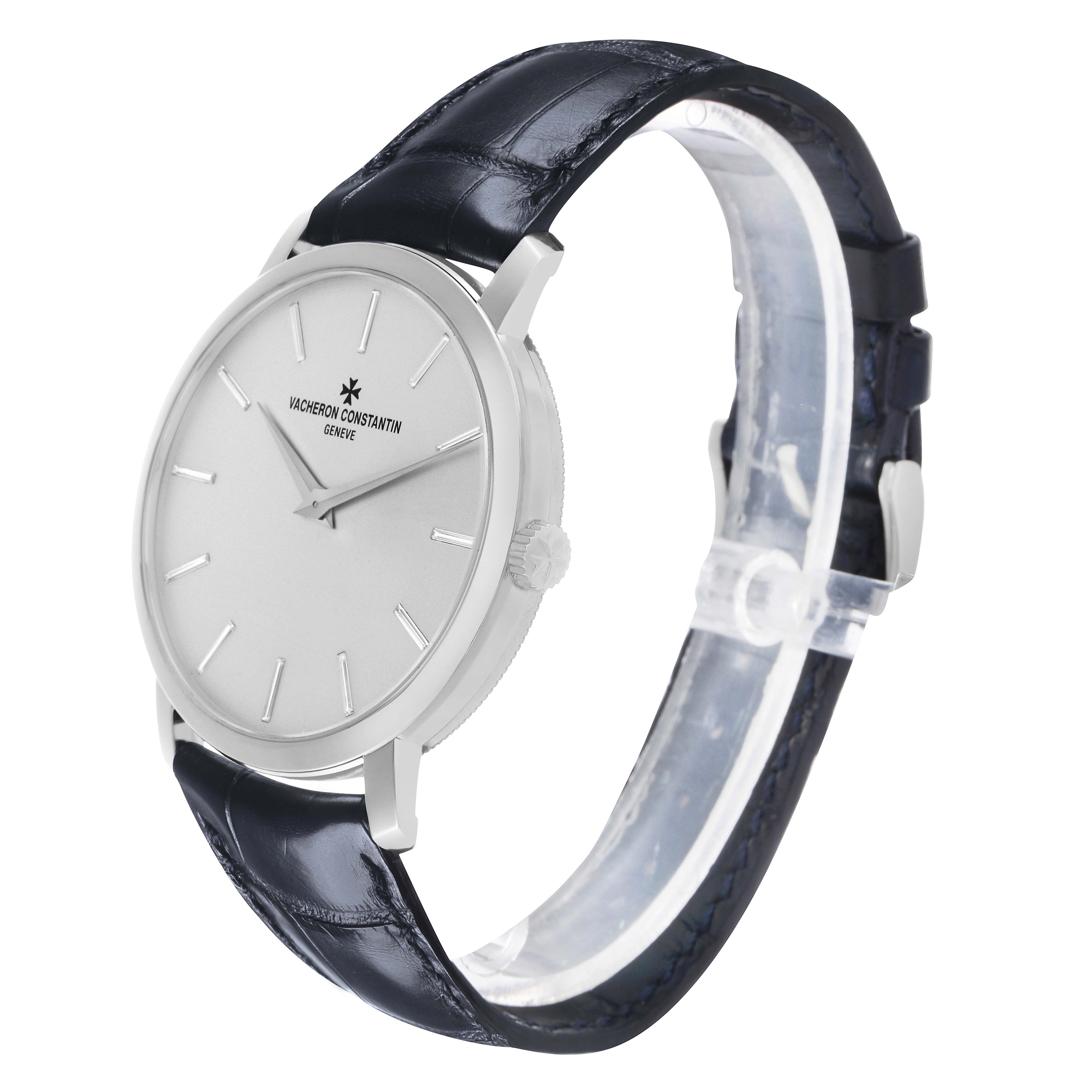 The Vacheron Constantin Traditionnelle 43076 Men's Platinum Silver Dial watch is shown at a slightly angled side view, displaying its face, bezel, crown, and strap.