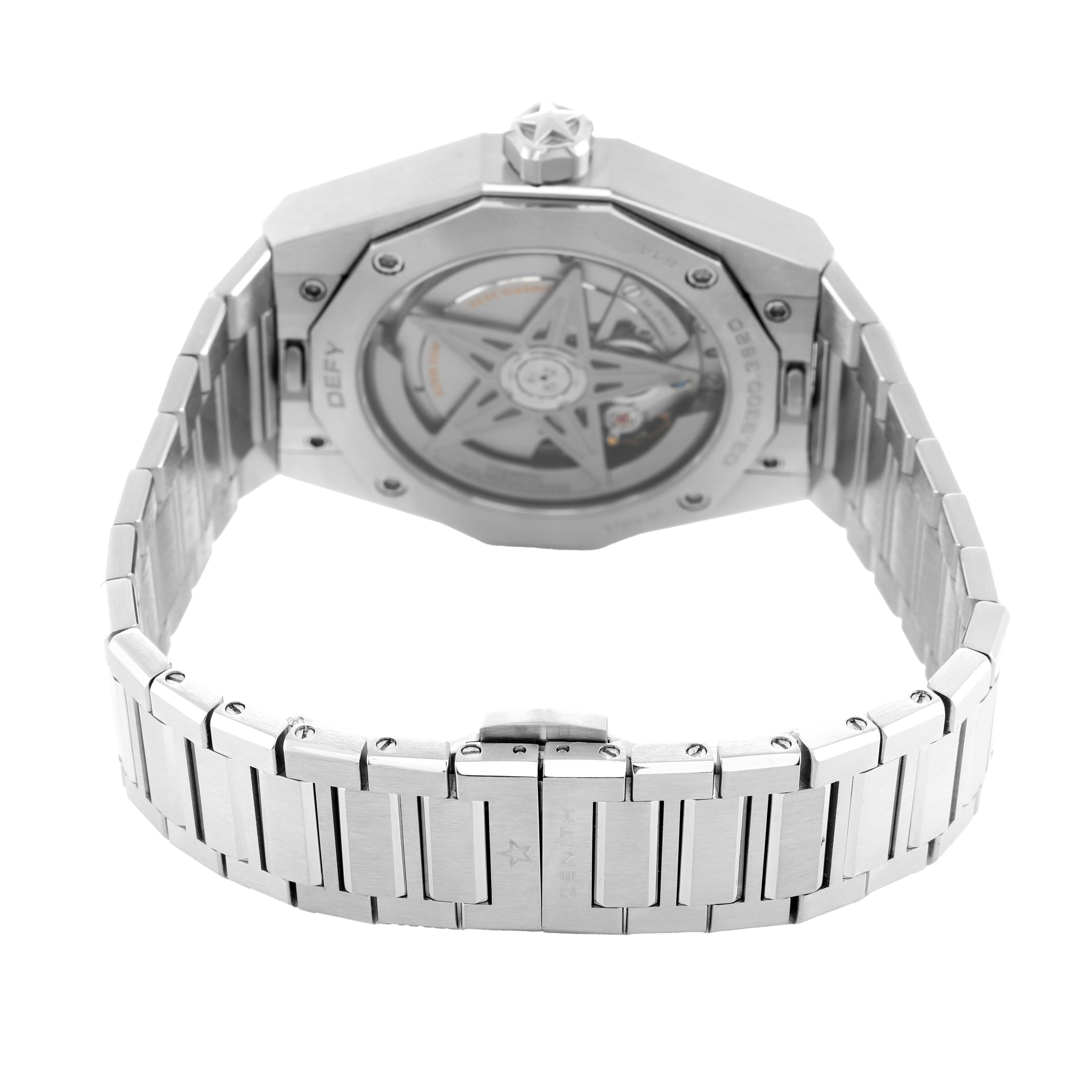 The Zenith Defy 03.9300.3620 Men's Stainless Steel Black Dial watch is shown from the back, highlighting the case back and bracelet.