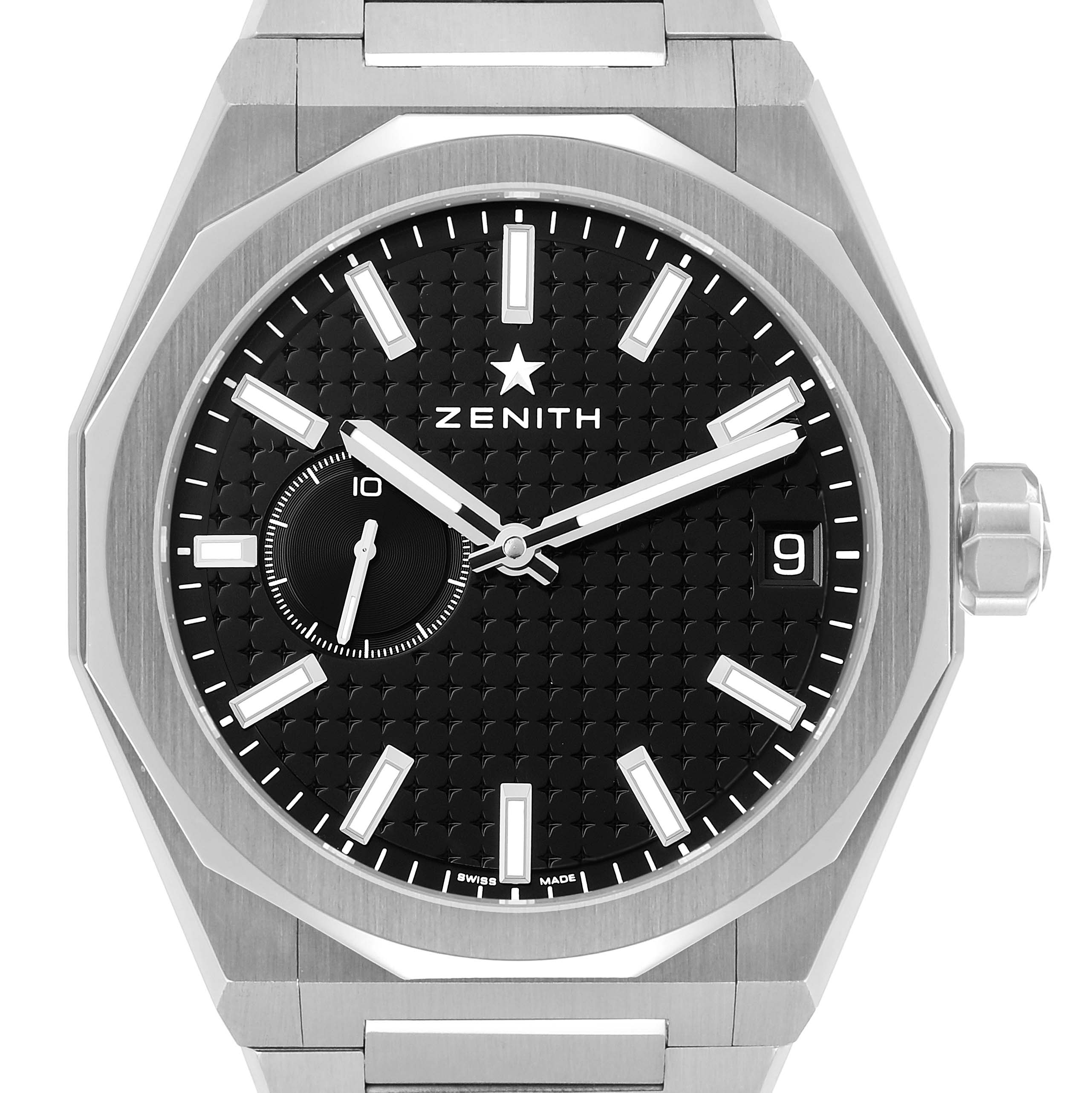 The Zenith Defy 03.9300.3620 Men's Stainless Steel Black Dial watch is shown from a front angle, highlighting the face, hour markers, hands, and crown.