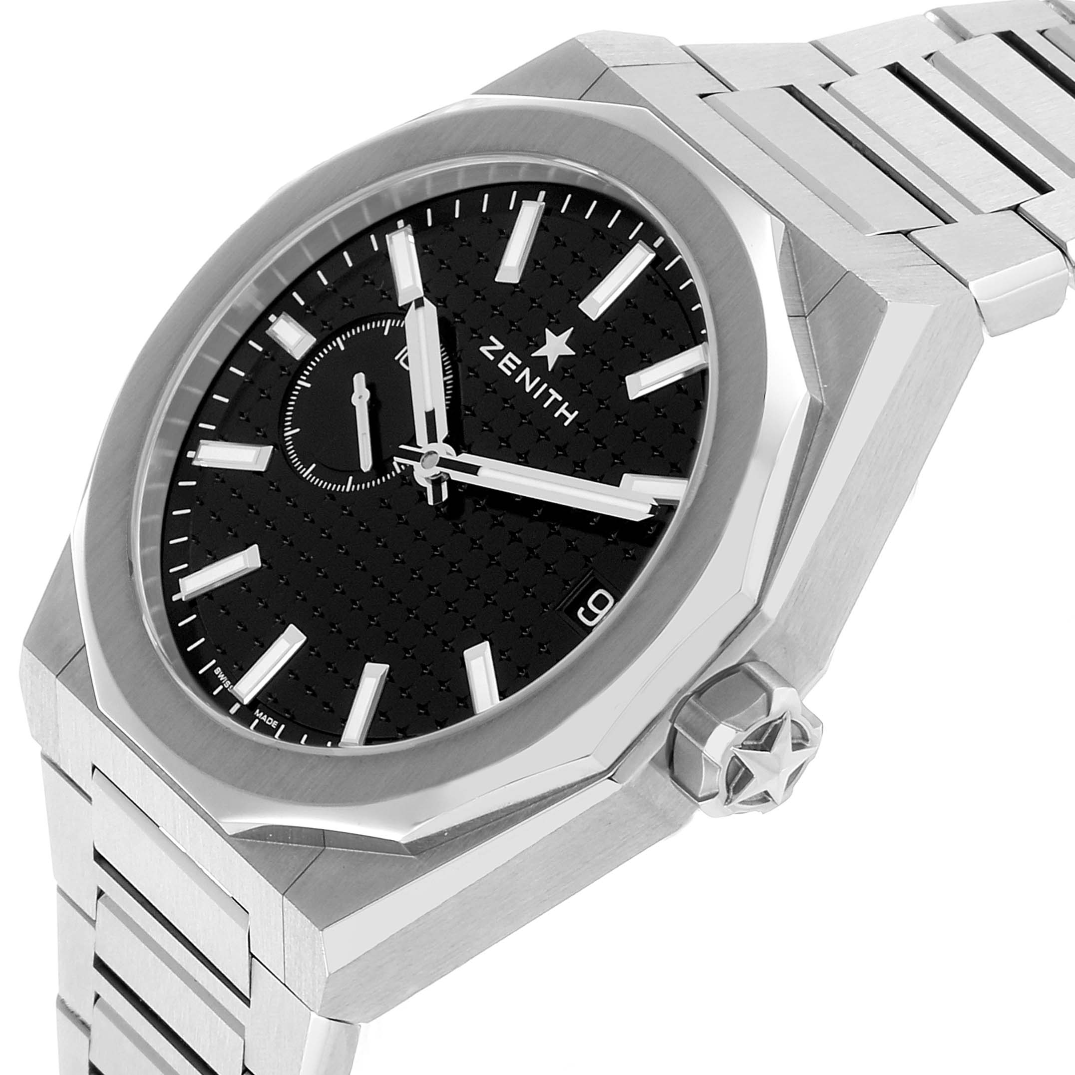 The Zenith Defy 03.9300.3620 Men's Stainless Steel Black Dial watch is shown at a three-quarter angle, highlighting the dial, case, and bracelet.