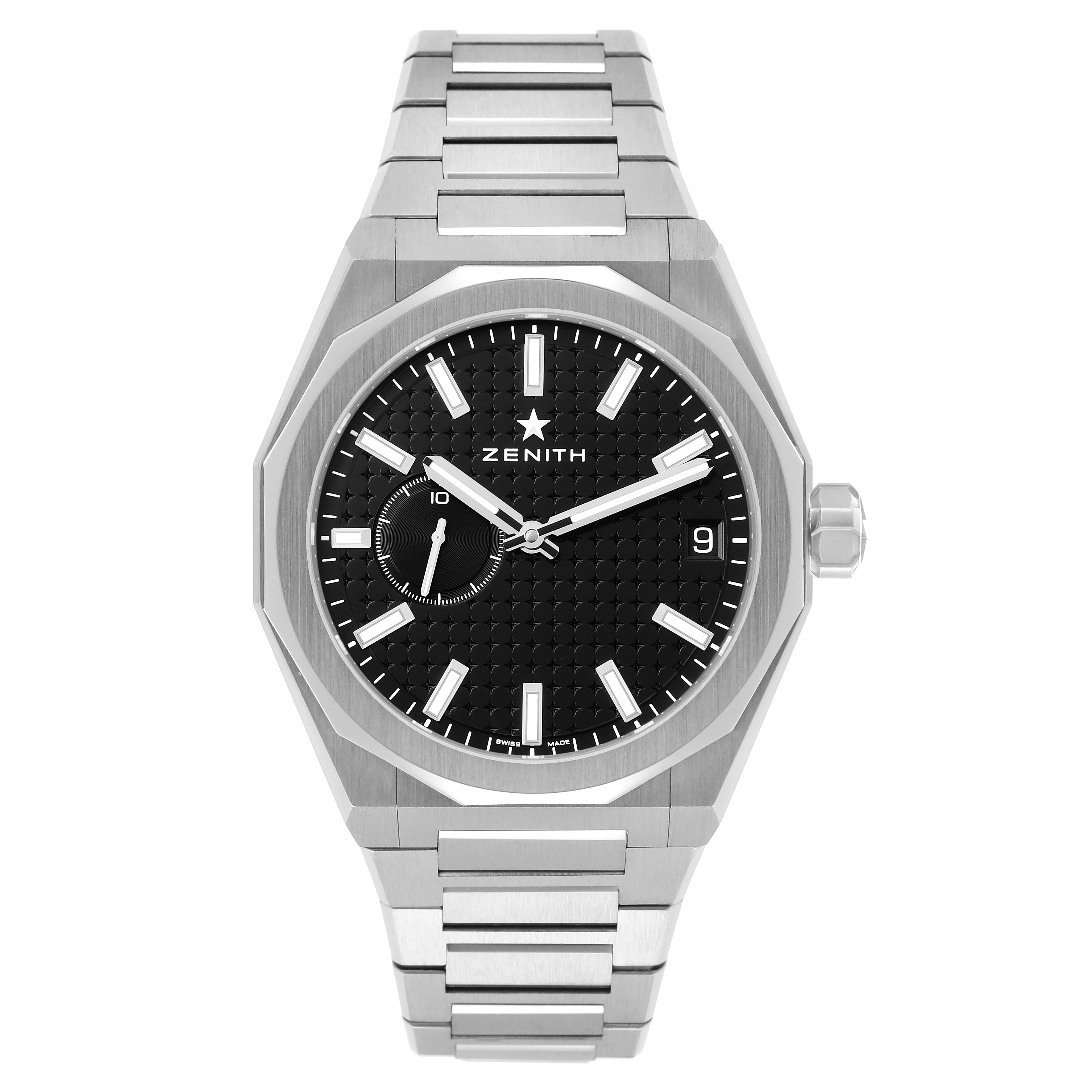 The Zenith Defy 03.9300.3620 Men's Stainless Steel Black Dial watch is shown from a front angle, highlighting the face, bezel, and bracelet.