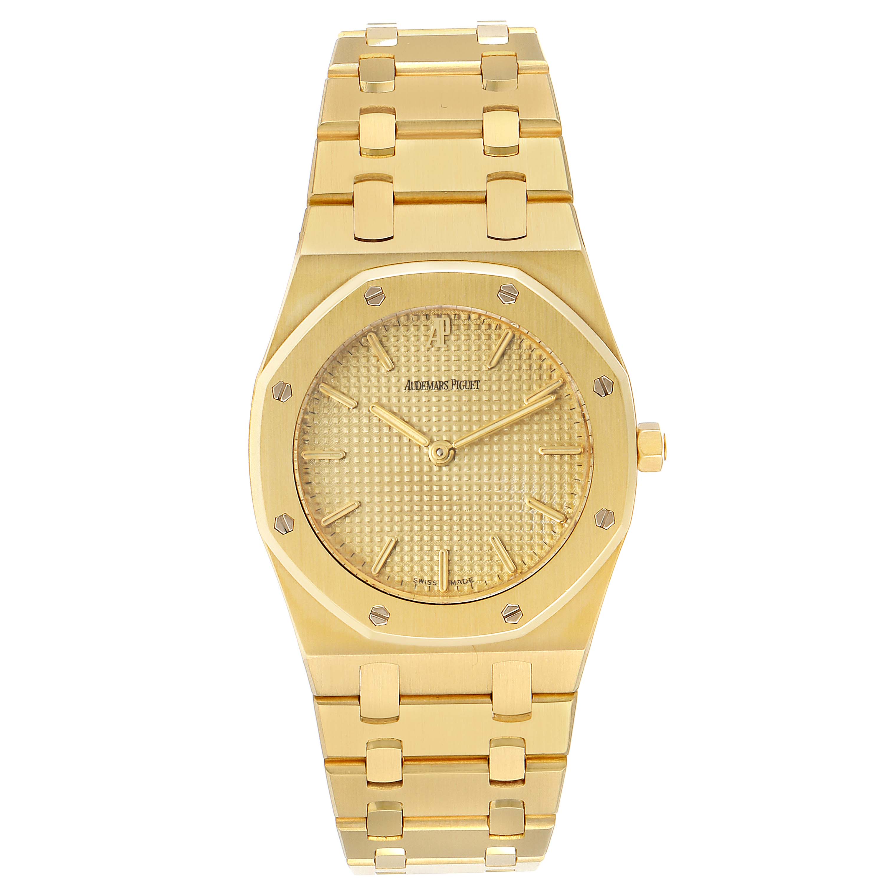 The image shows a frontal view of an Audemars Piguet Royal Oak  Men's Yellow Gold Champagne Dial  Men's Yellow Gold Champagne Dial watch, displaying its dial, bezel, and bracelet.