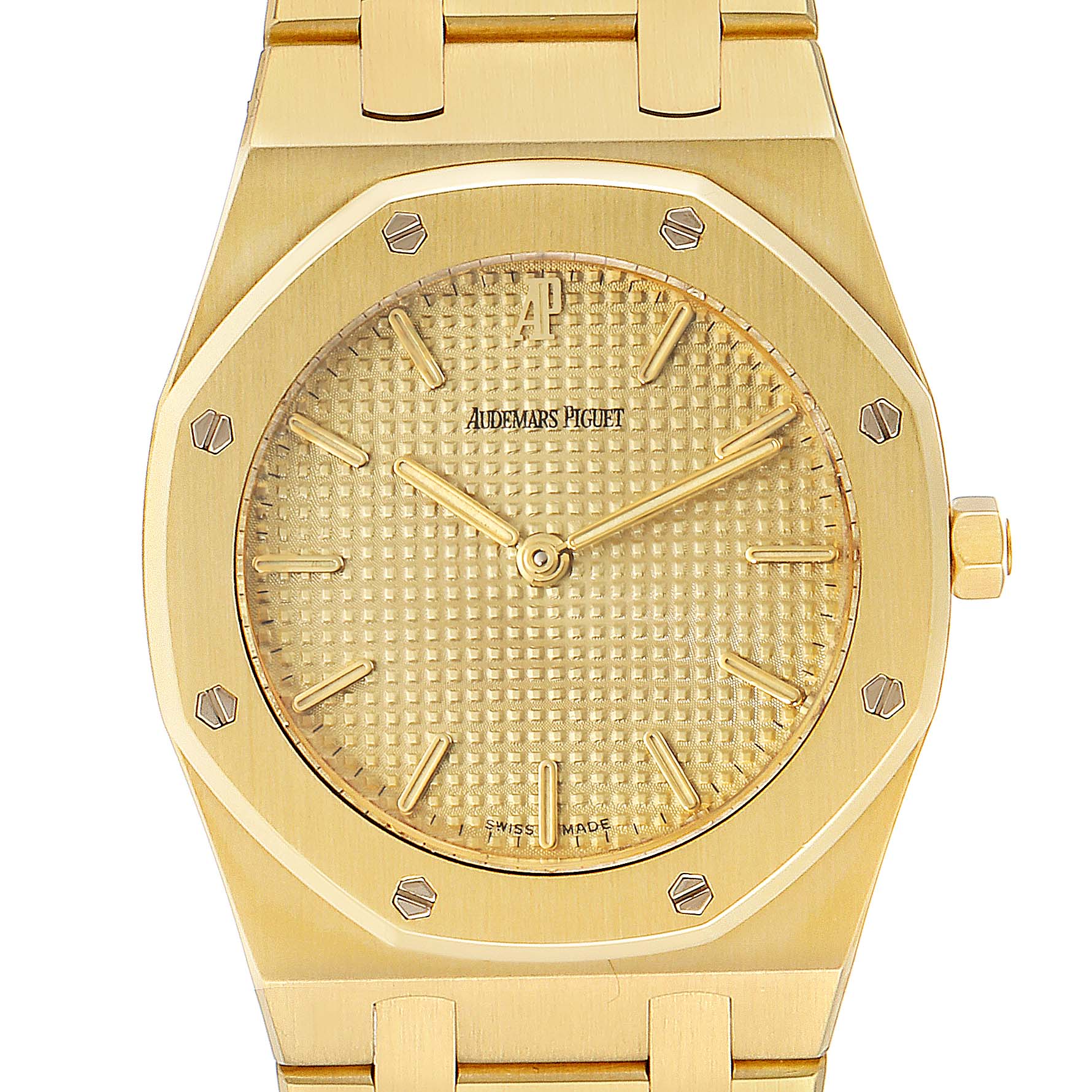 This is a front view of the Audemars Piguet Royal Oak  Men's Yellow Gold Champagne Dial  Men's Yellow Gold Champagne Dial watch, showcasing its dial, bezel, and part of the bracelet.