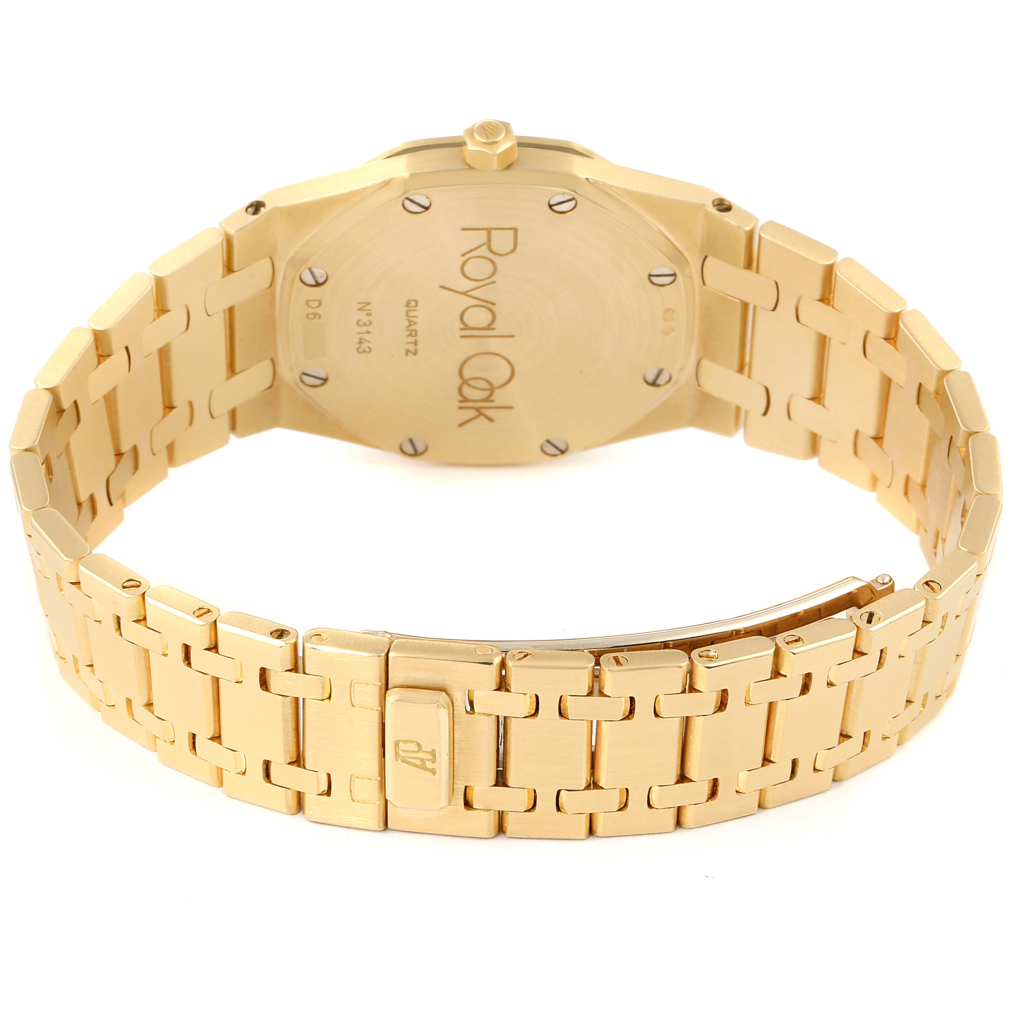 The image shows the back view of an Audemars Piguet Royal Oak  Men's Yellow Gold Champagne Dial  Men's Yellow Gold Champagne Dial watch, highlighting its gold bracelet and caseback.