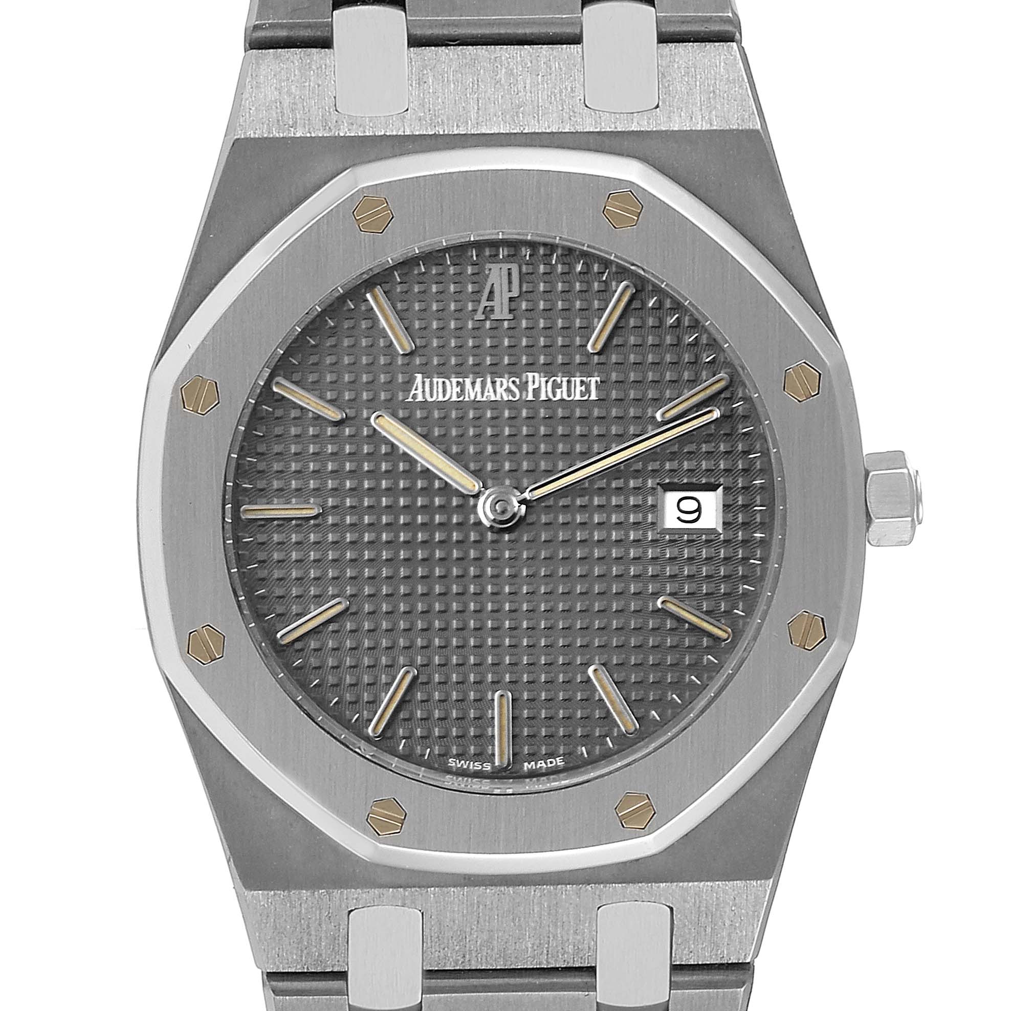 This Royal Oak model by Audemars Piguet is shown from the front, displaying the dial, bezel, and part of the bracelet.