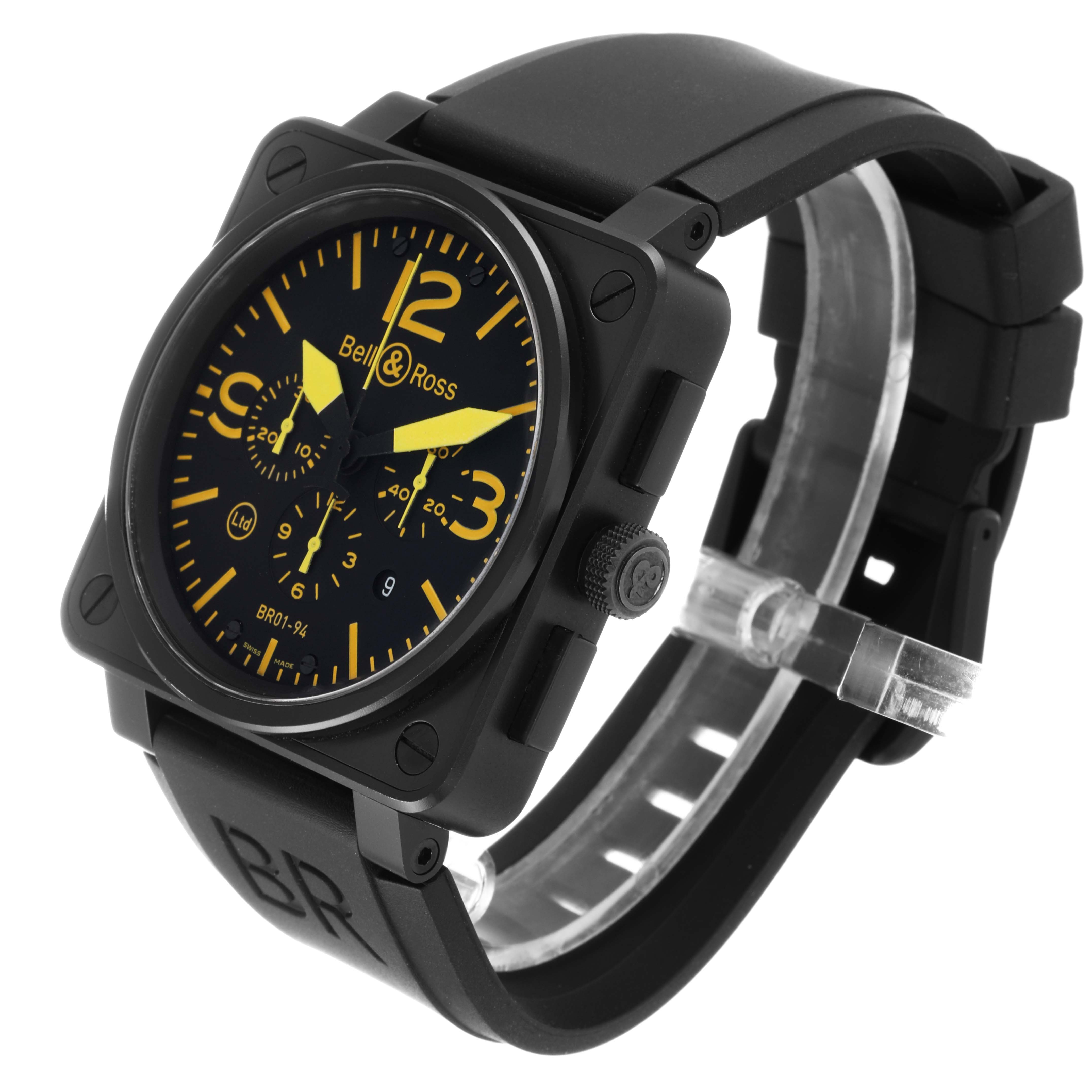 The image shows a Bell 
Ross Chronograph watch at an angled view highlighting its face, case, and strap.