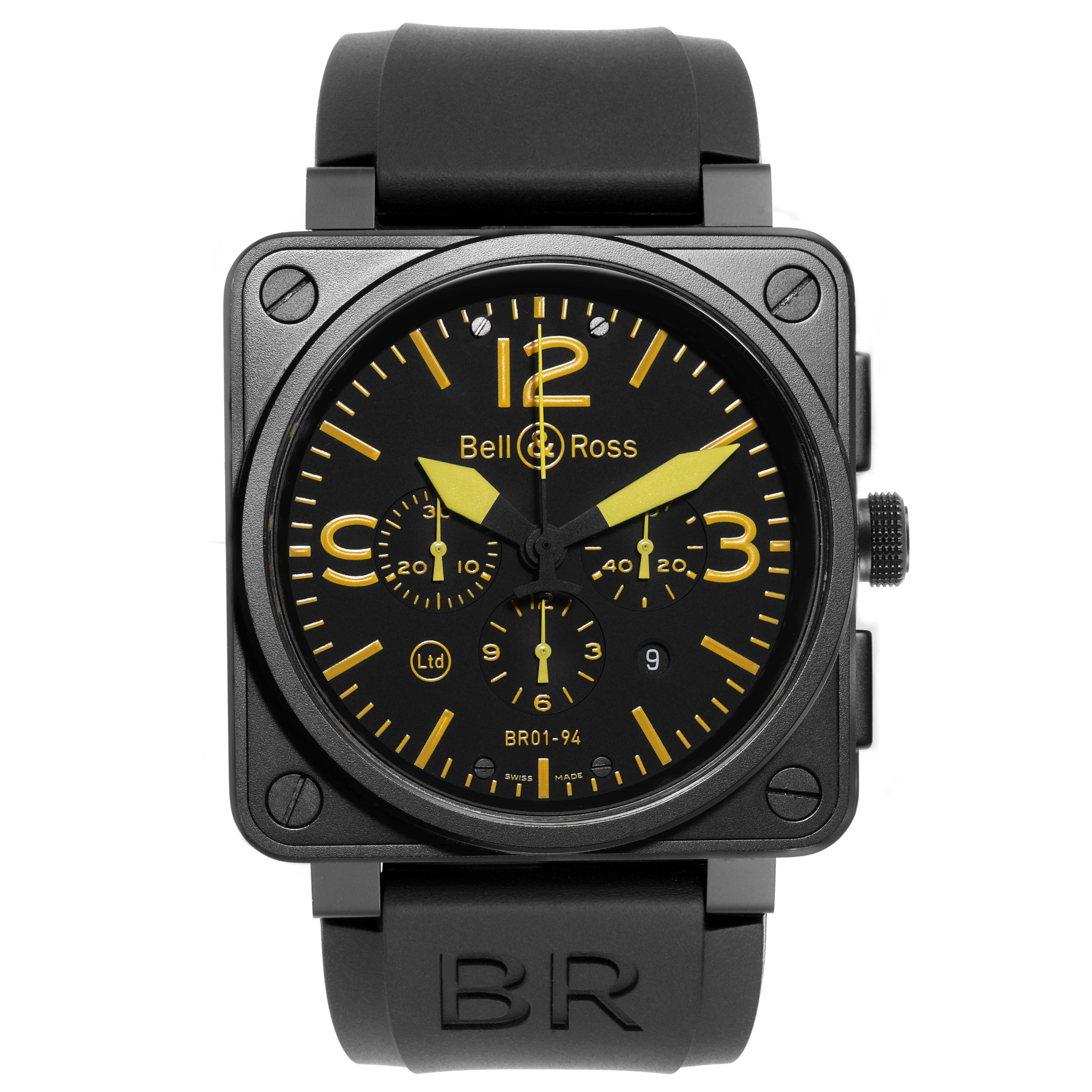 The image shows a front view of the Bell 
Ross Chronograph BR01-94 watch, displaying the face, bezel, and strap.