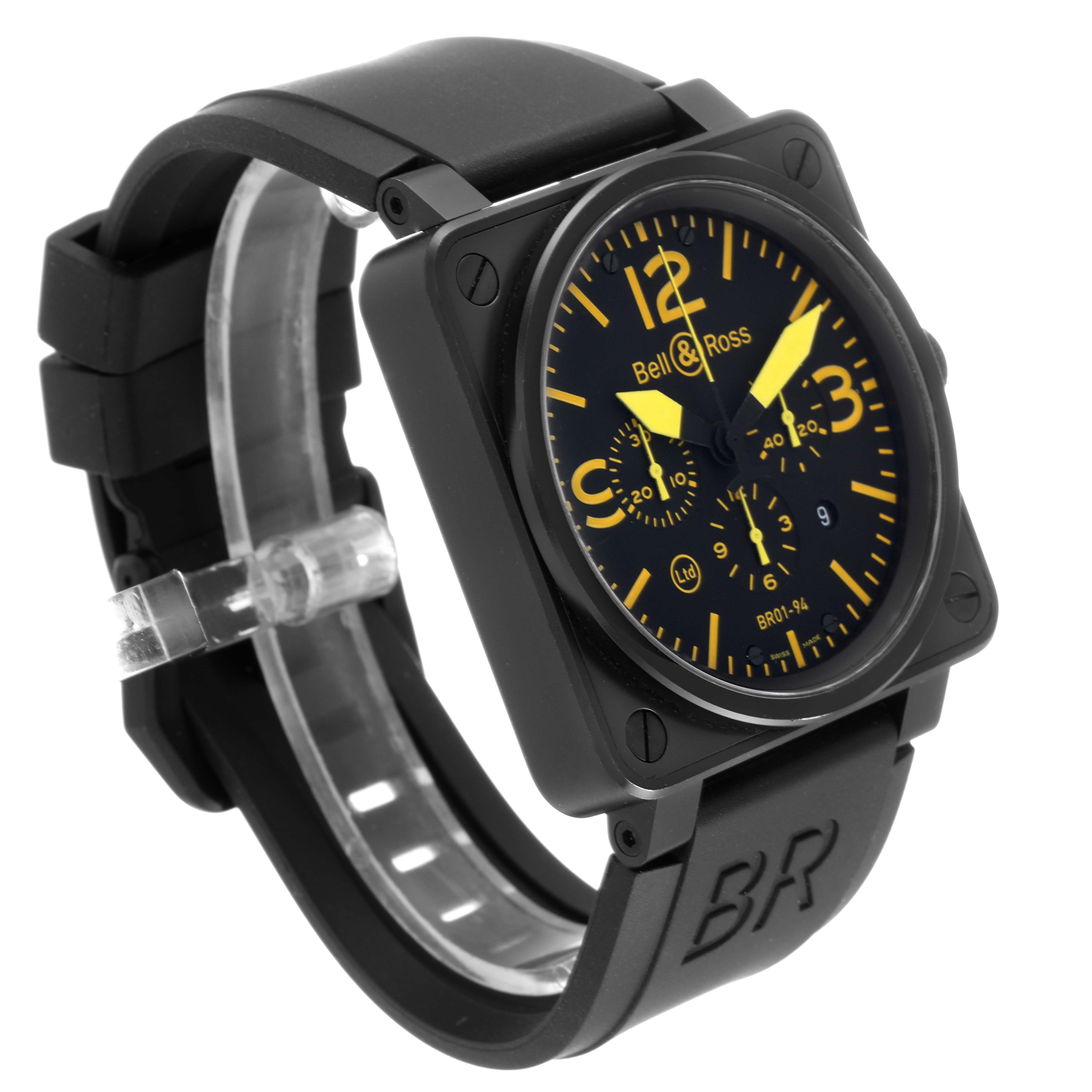 This image shows a front angled view of the Bell 
Ross Chronograph model, highlighting the face, strap, and side details.