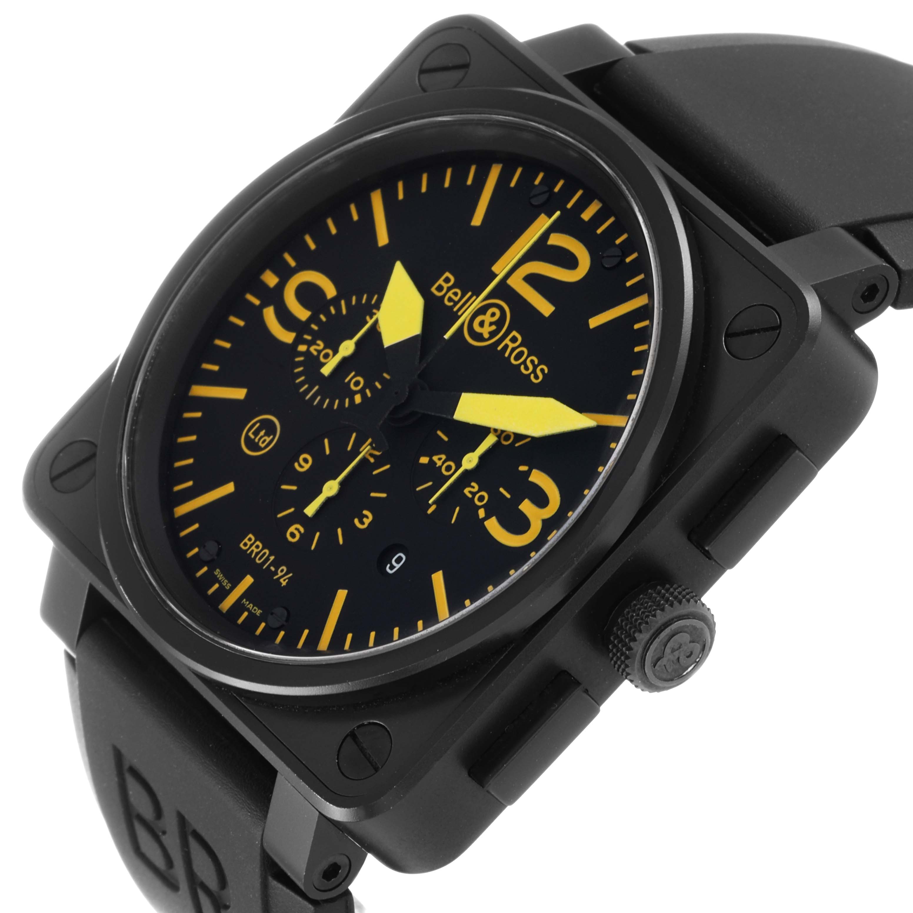 The image shows a Bell 
Ross Chronograph model at a slight angle, highlighting the face, case, strap, and crown.