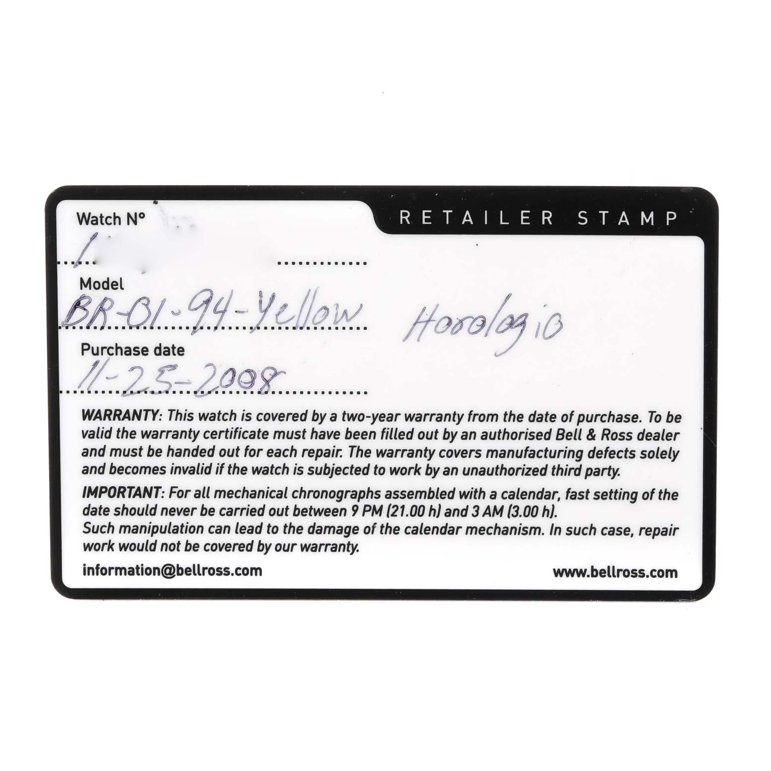 This image shows the warranty card for the Bell 
Ross Chronograph model BR.01-94-Yellow.