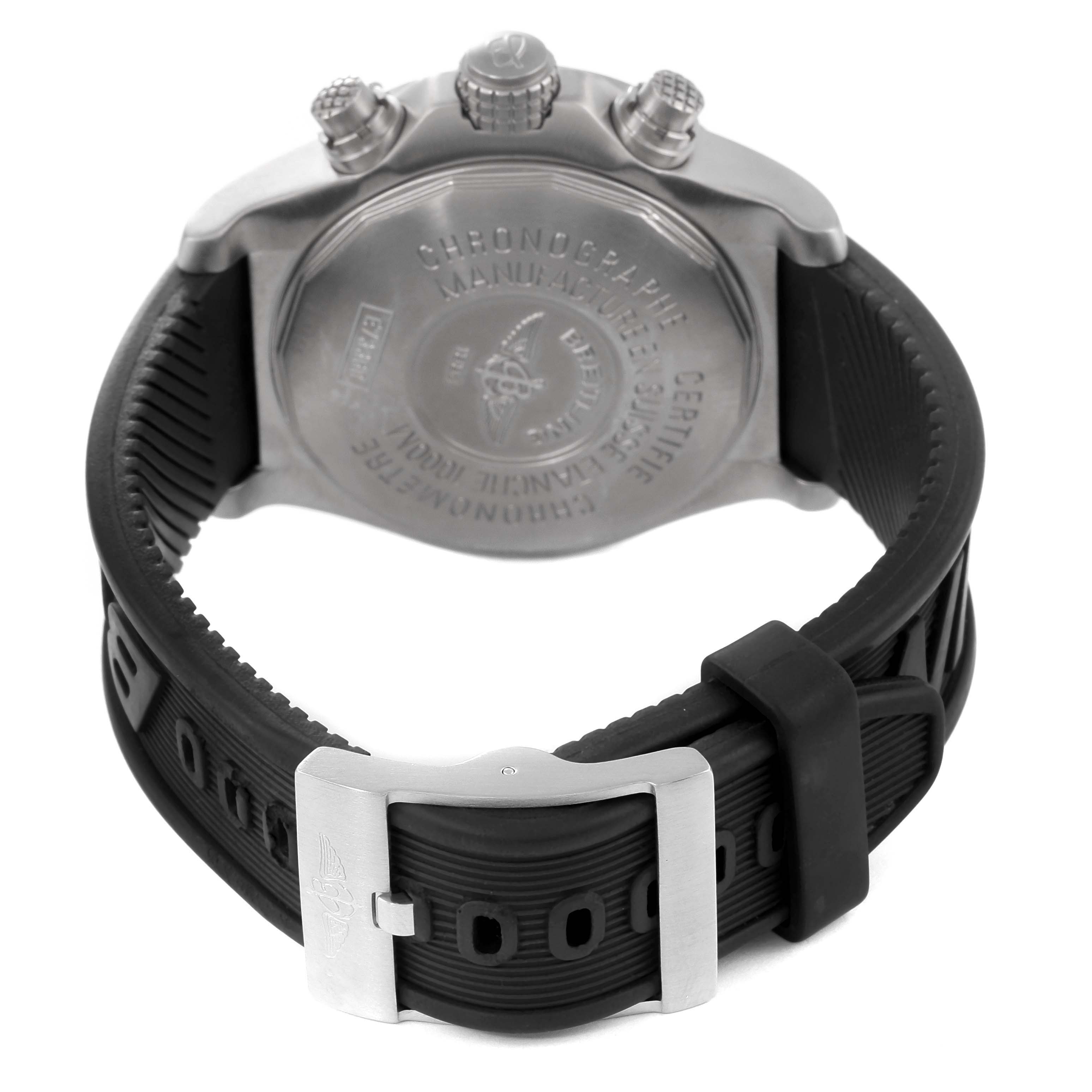 The image displays the back and clasp of a Breitling Avenger E73360 Men's Titanium Yellow Dial E73360 Men's Titanium Yellow Dial watch with a black strap and stainless steel buckle.