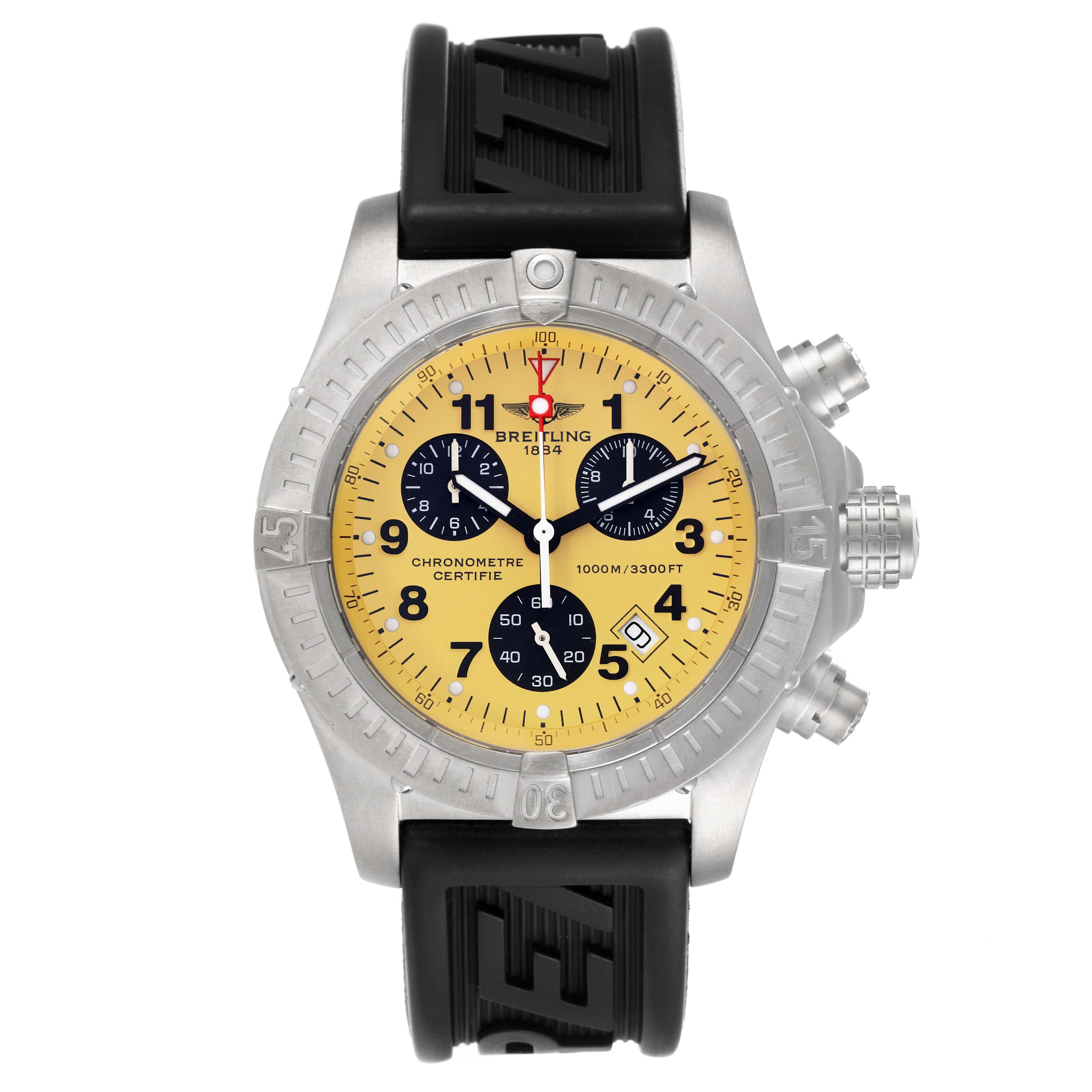 The Breitling Avenger E73360 Men's Titanium Yellow Dial E73360 Men's Titanium Yellow Dial watch is shown from a front view, highlighting its face, bezel, and rubber strap.