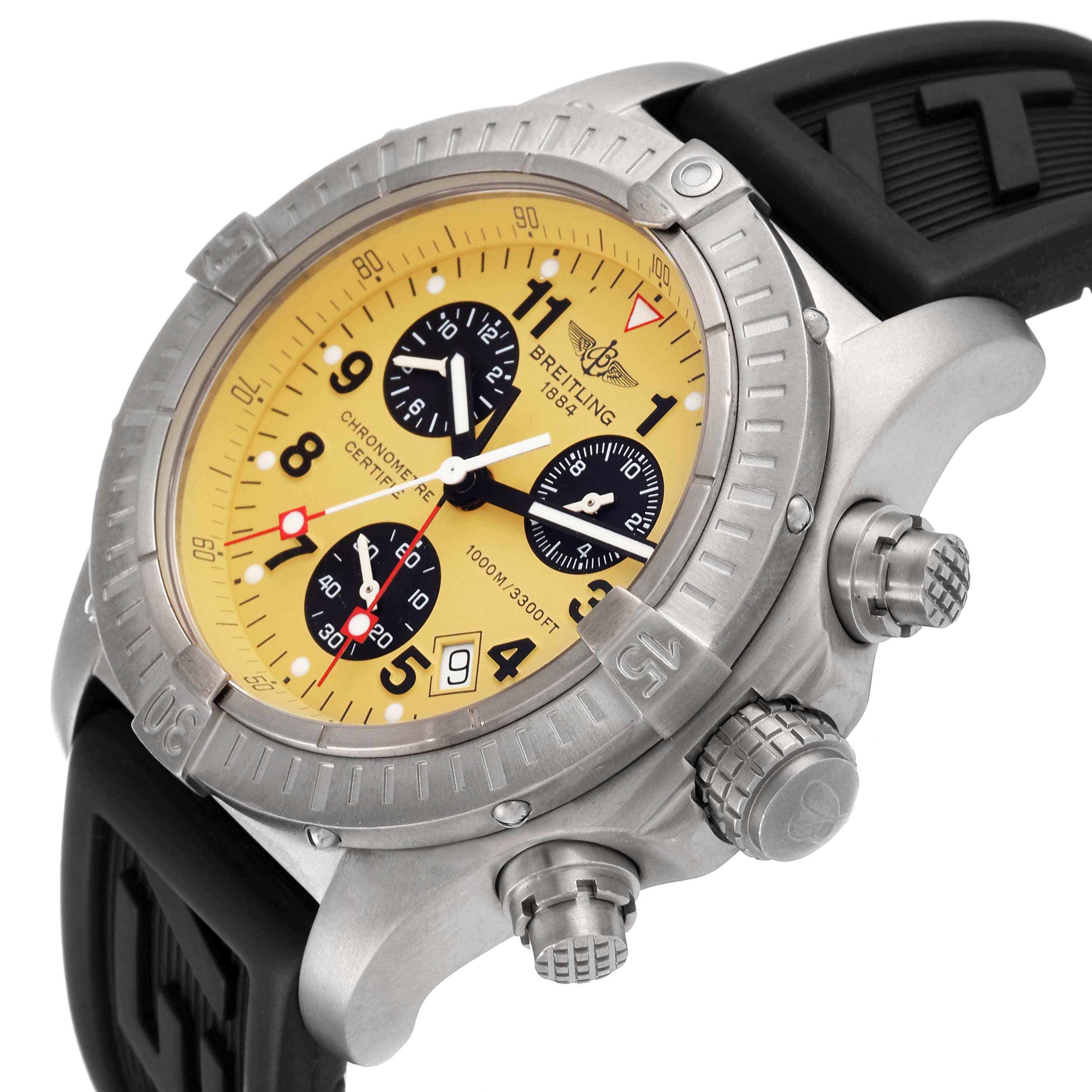 The image shows an angled view of a Breitling Avenger E73360 Men's Titanium Yellow Dial E73360 Men's Titanium Yellow Dial watch, highlighting its yellow dial, chronograph subdials, and large crown.