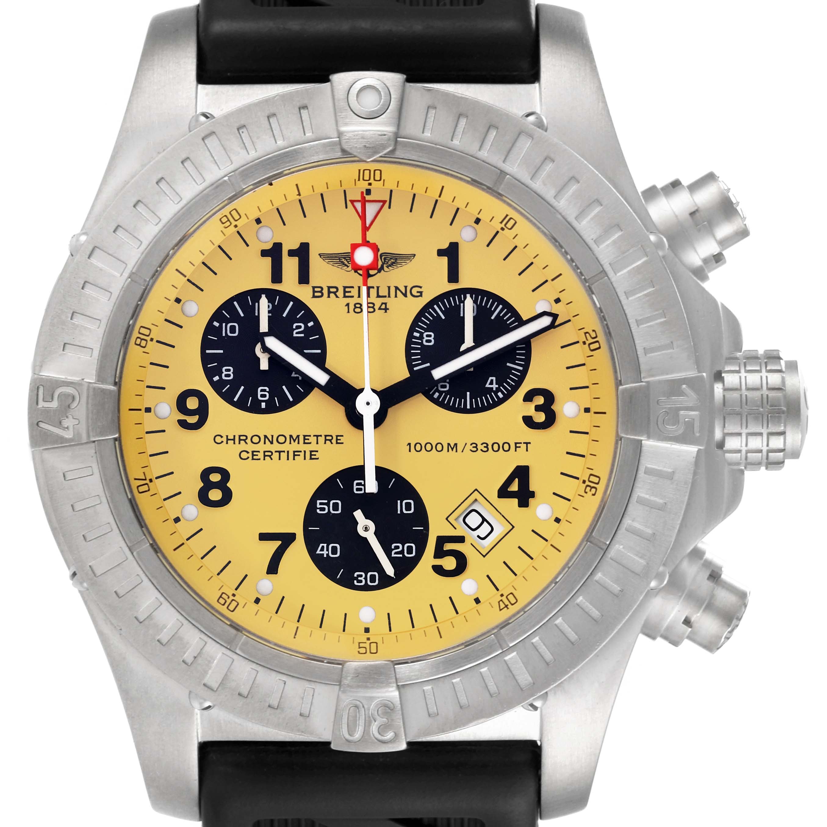The image shows a front view of a Breitling Avenger E73360 Men's Titanium Yellow Dial E73360 Men's Titanium Yellow Dial watch with a yellow dial and black subdials.