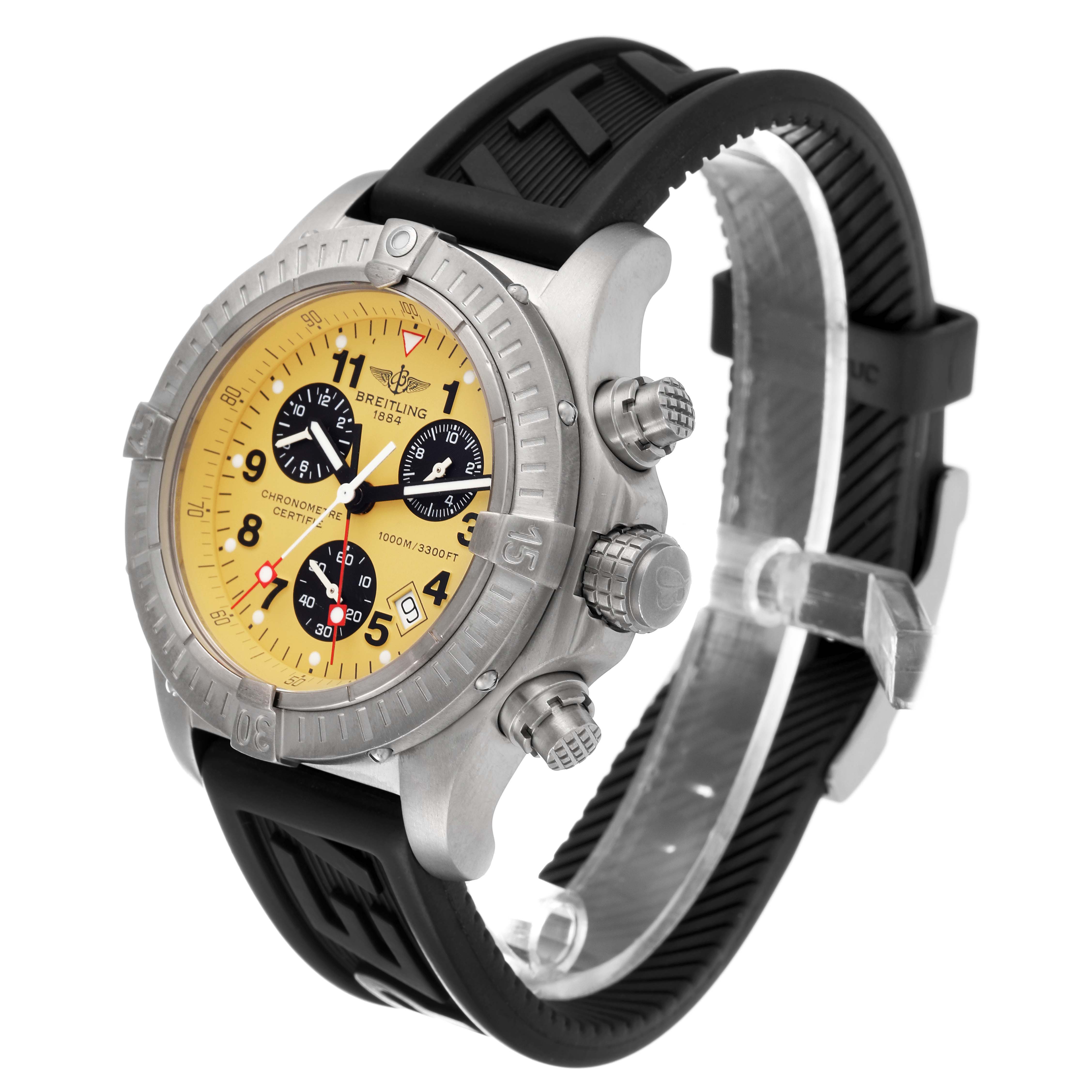 The Breitling Avenger E73360 Men's Titanium Yellow Dial E73360 Men's Titanium Yellow Dial watch is shown at a 3/4 angle, highlighting its yellow dial, black subdials, and black rubber strap.