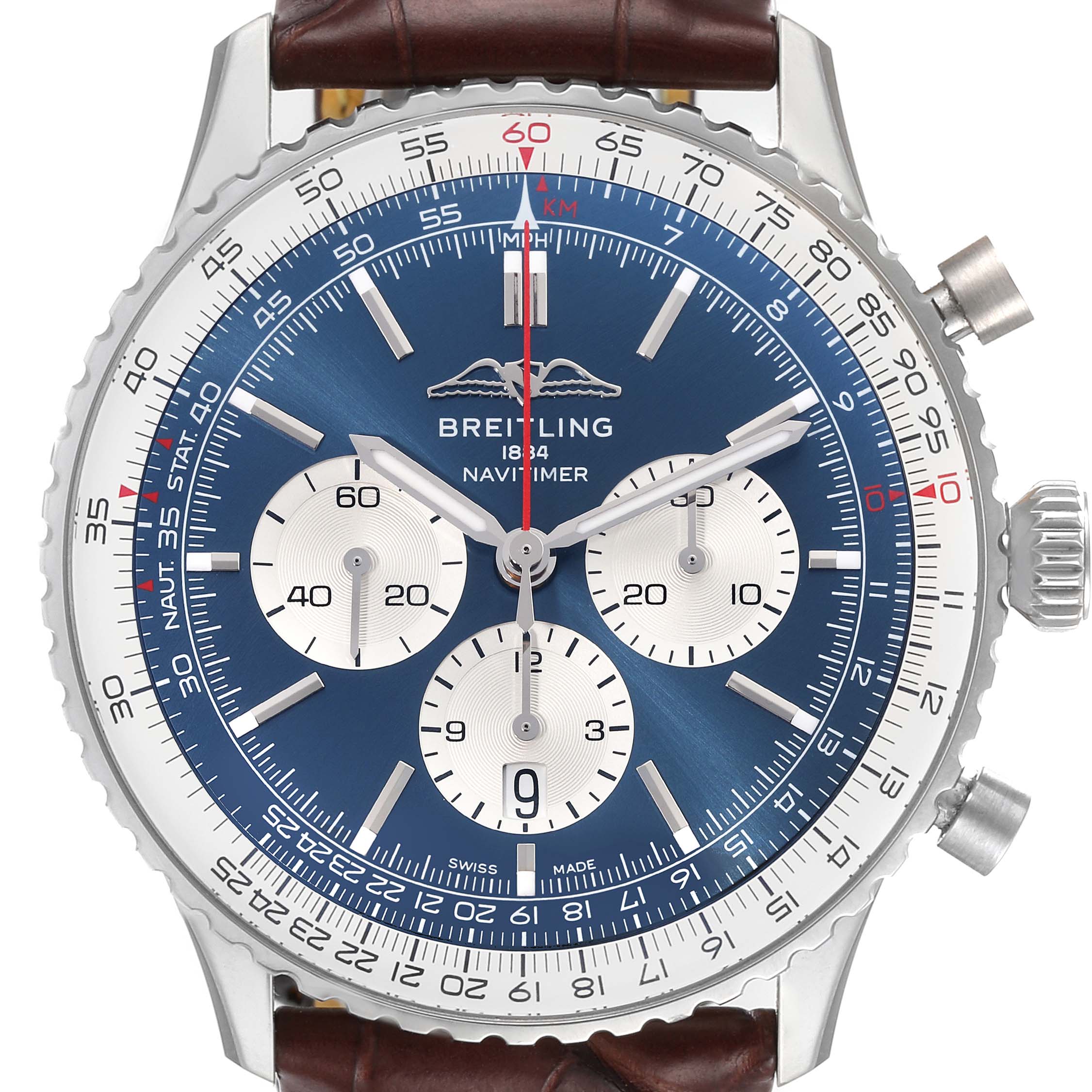 This image shows a close-up of a Breitling Navitimer AB0137 Men
s Stainless Steel Blue Dial AB0137 Men
s Stainless Steel Blue Dial watch face, including its blue dial, sub-dials, markers, and bezel.