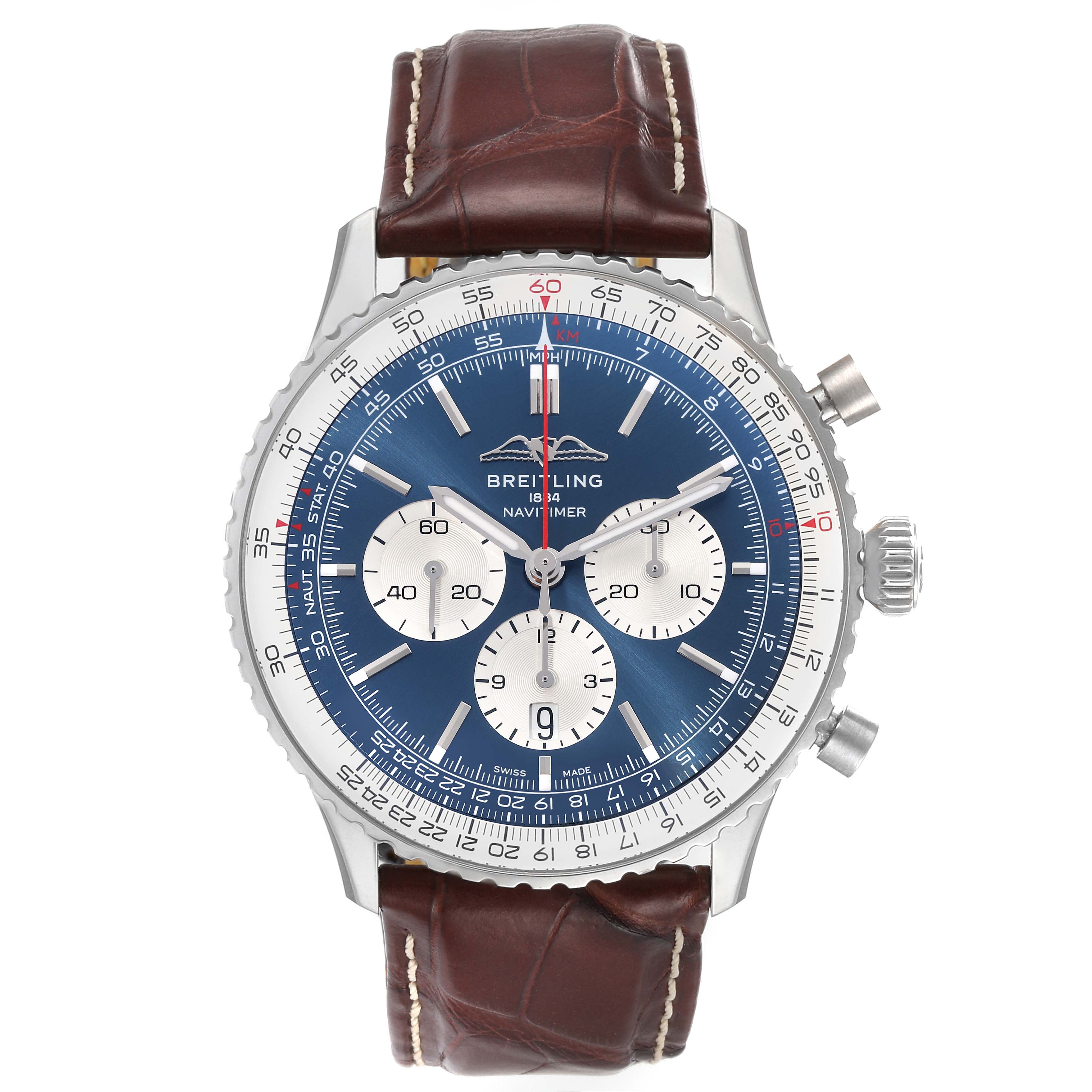 The Navitimer by Breitling is shown from a front angle, displaying the dial, bezel, and leather strap.