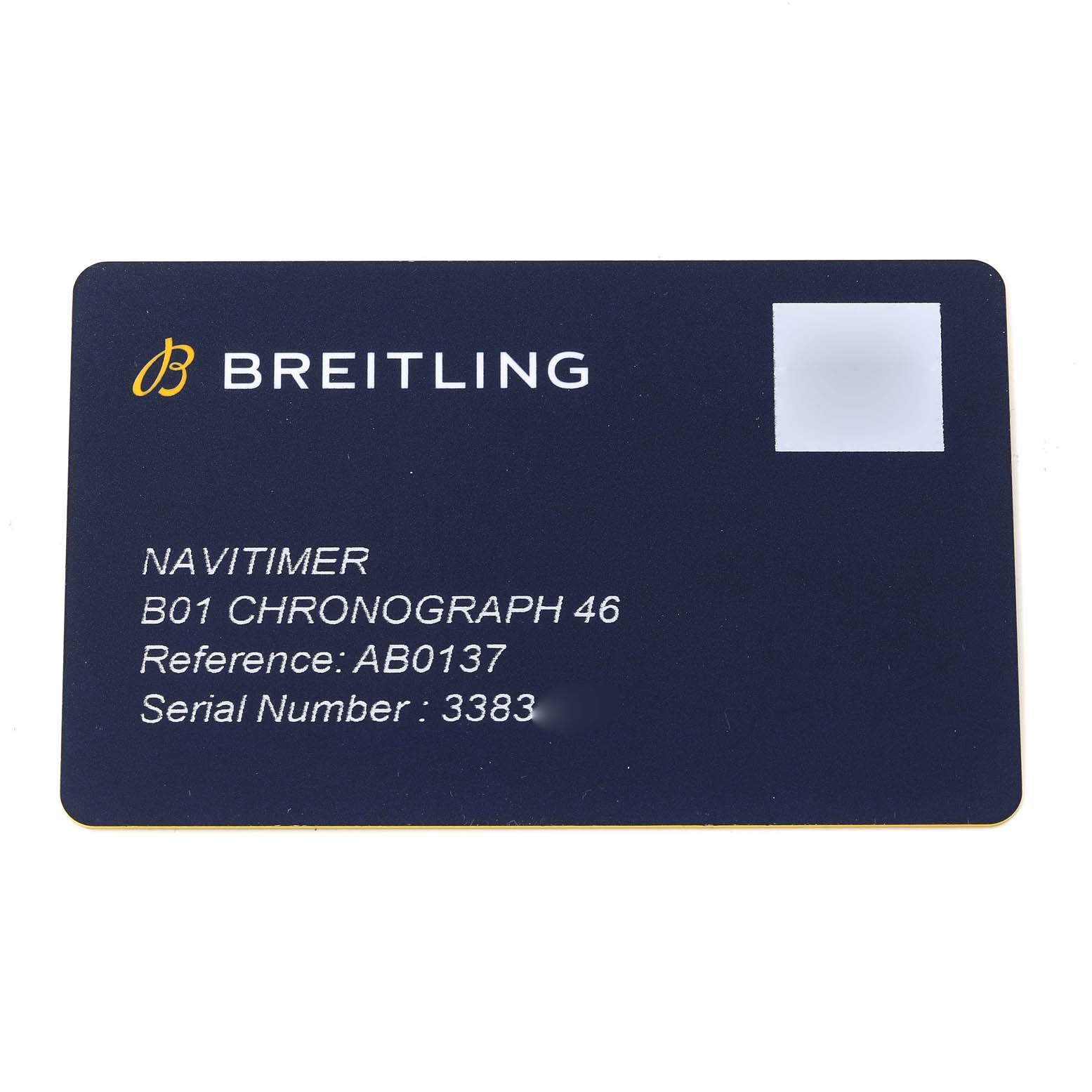 This image shows the identification card for the Breitling Navitimer AB0137 Men
s Stainless Steel Blue Dial AB0137 Men
s Stainless Steel Blue Dial B01 Chronograph 46, including the model
s reference and serial number.