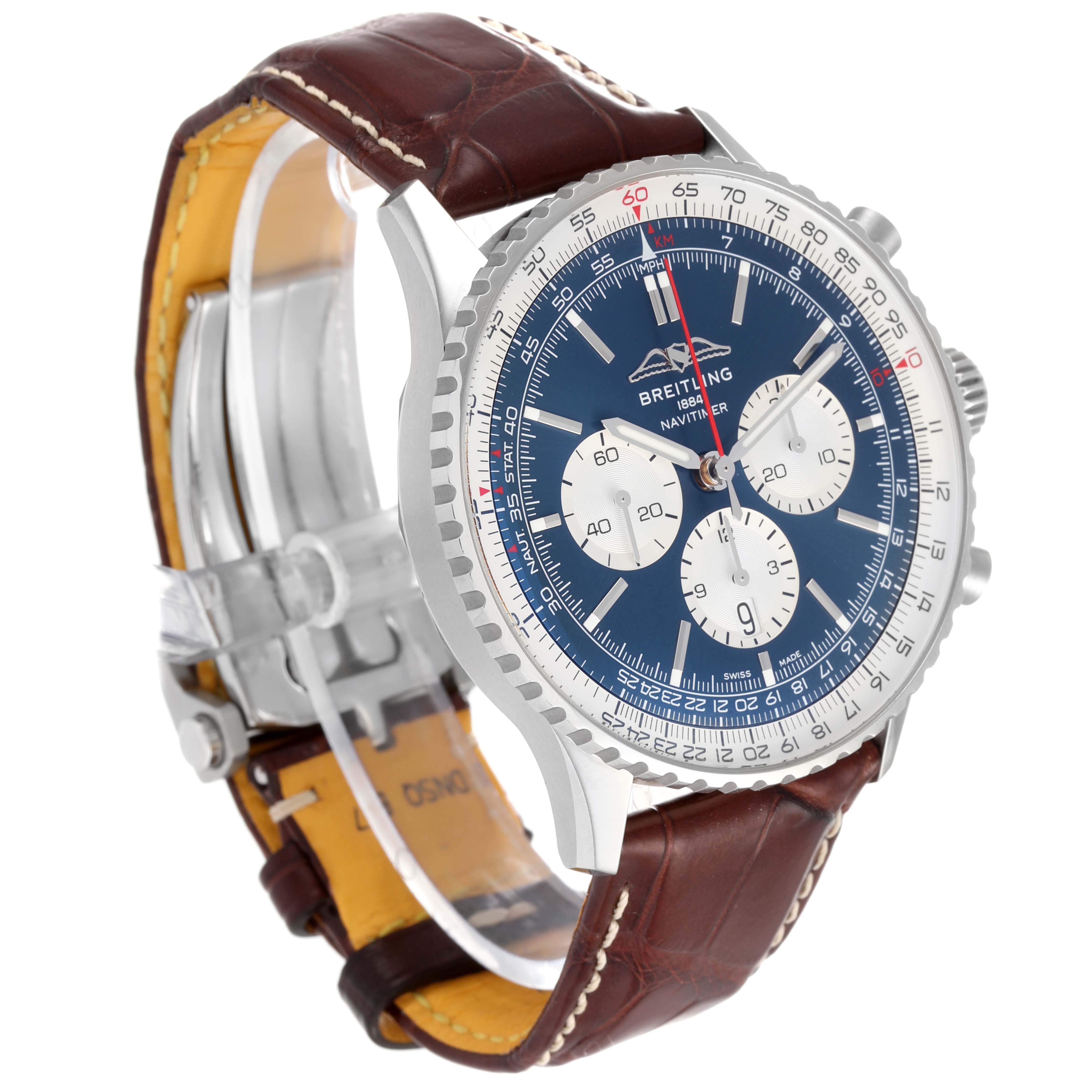 The Breitling Navitimer AB0137 Men
s Stainless Steel Blue Dial AB0137 Men
s Stainless Steel Blue Dial watch is shown at an angled side view, highlighting the dial, bezel, and leather strap.