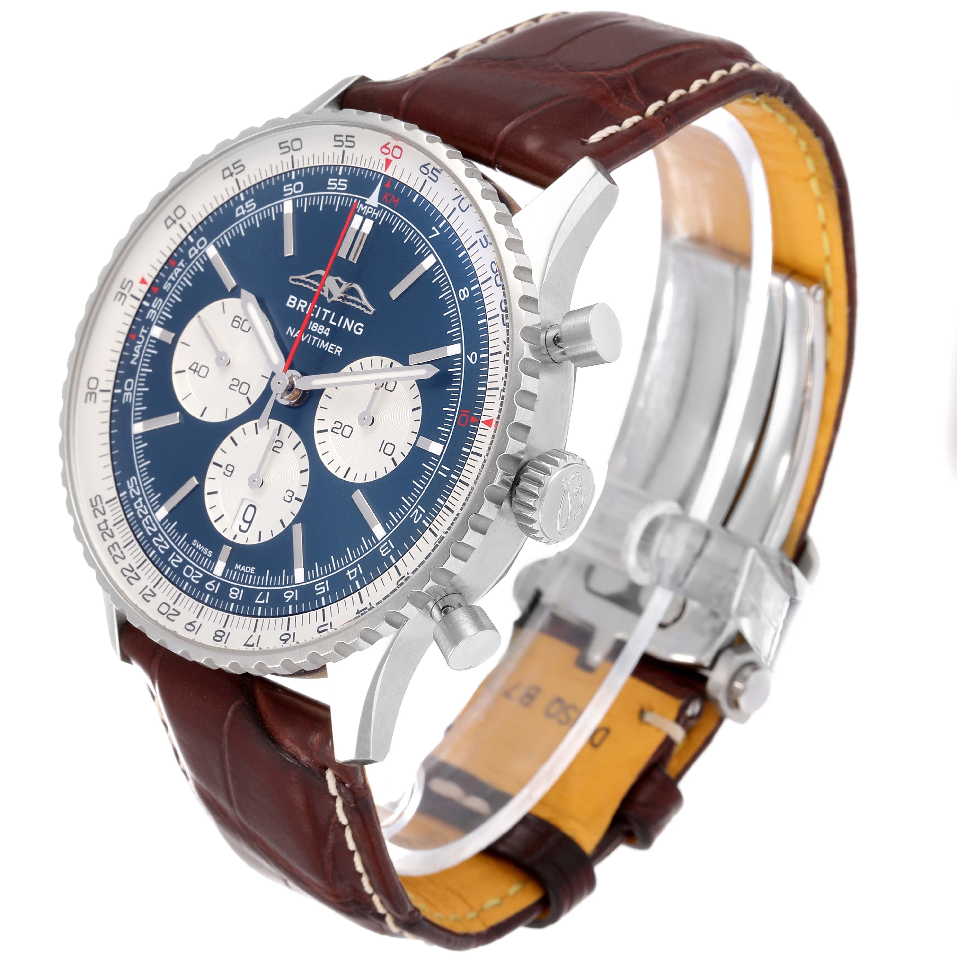 The Breitling Navitimer AB0137 Men
s Stainless Steel Blue Dial AB0137 Men
s Stainless Steel Blue Dial watch is shown at an angled side view, featuring its dial, bezel, crowns, and leather strap.