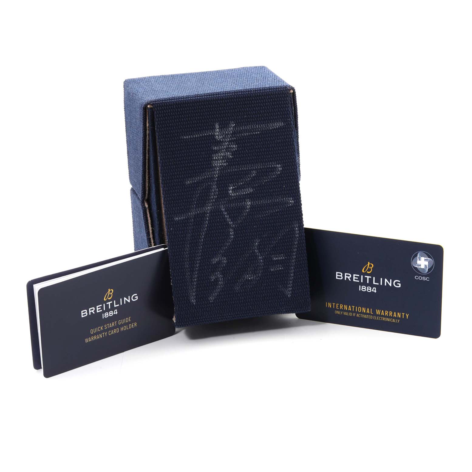 The image shows a Breitling Navitimer AB0137 Men
s Stainless Steel Blue Dial AB0137 Men
s Stainless Steel Blue Dial box, international warranty card, and quick start guide at a slight angle.