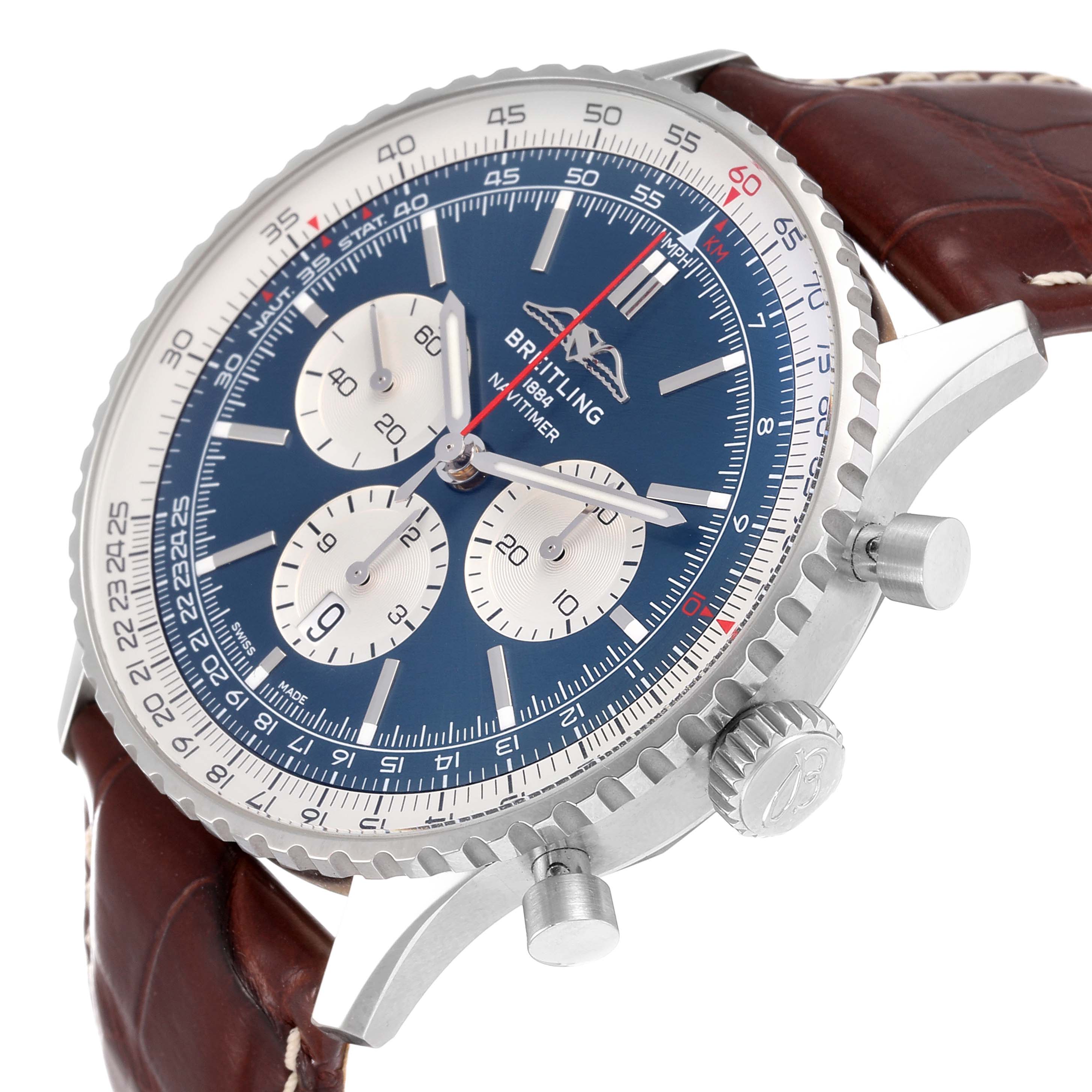 The image shows a close-up of the Breitling Navitimer AB0137 Men
s Stainless Steel Blue Dial AB0137 Men
s Stainless Steel Blue Dial watch face, crown, pushers, and part of the leather strap.