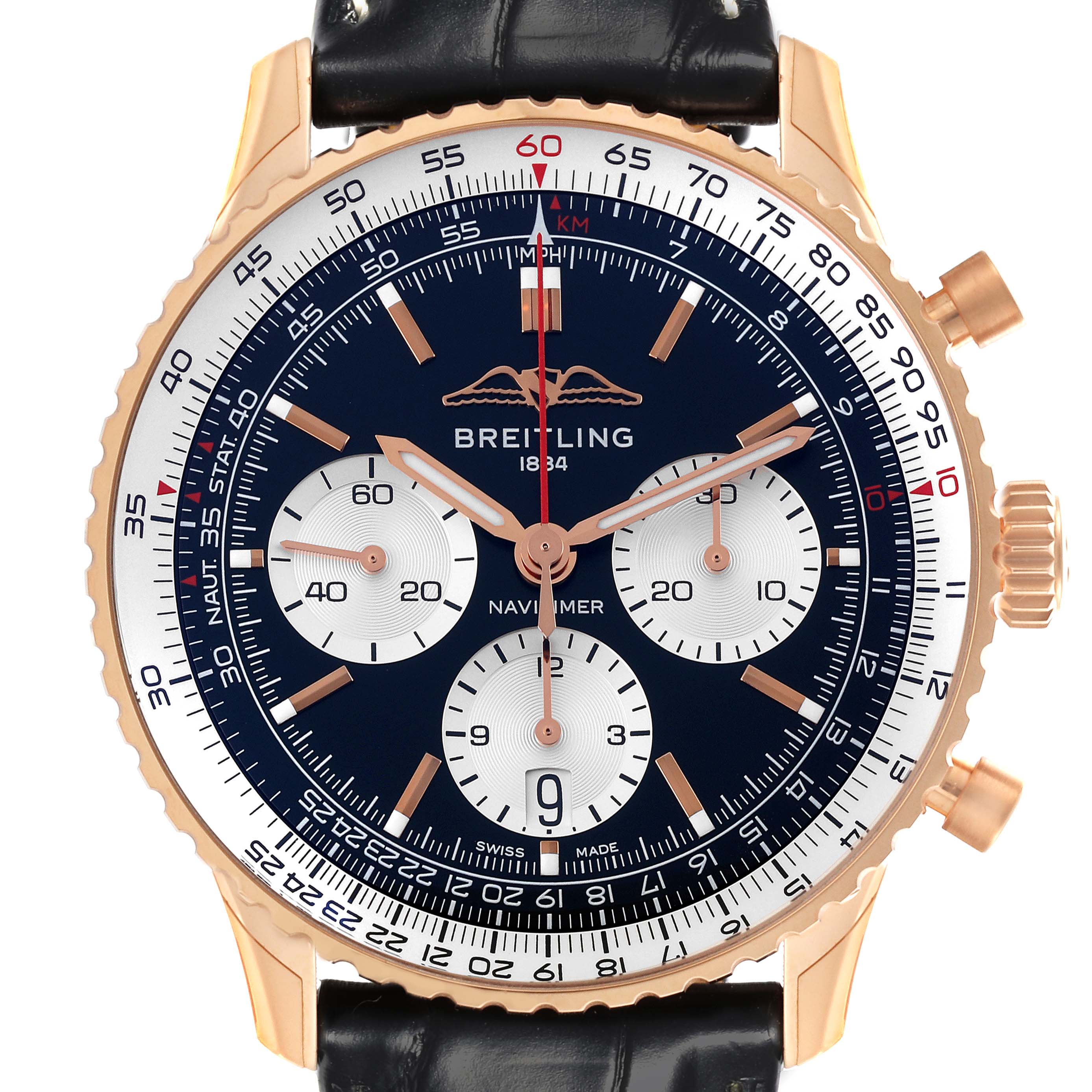 The Breitling Navitimer RB0138 Men's Rose Gold Black Dial RB0138 Men's Rose Gold Black Dial watch is shown from a front angle, highlighting the dial, subdials, and bezel.