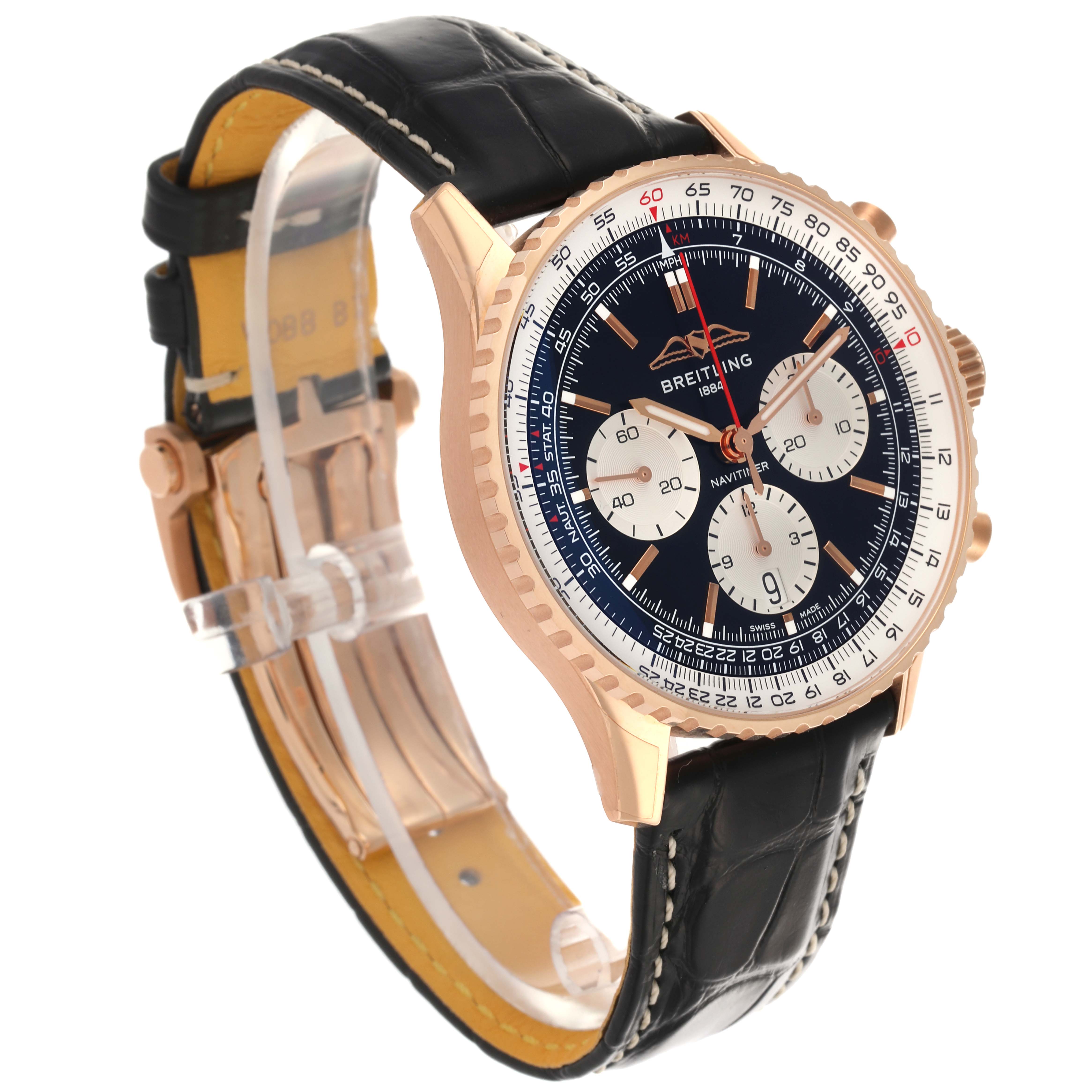 The Breitling Navitimer RB0138 Men's Rose Gold Black Dial RB0138 Men's Rose Gold Black Dial watch is shown at a side angle, highlighting the dial, bezel, case, and leather strap.