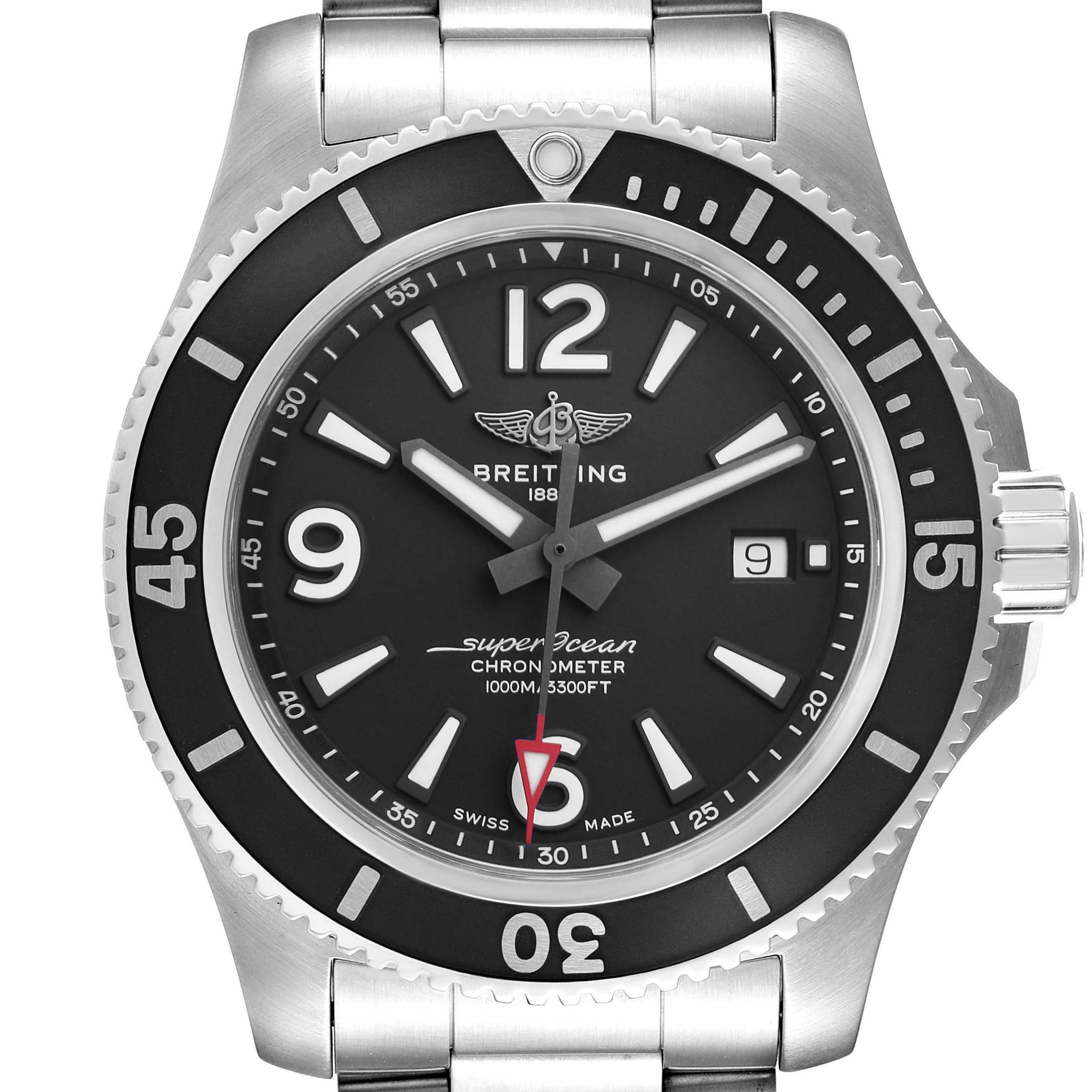 The Breitling Superocean A17367 Men's Stainless Steel Black Dial A17367 Men's Stainless Steel Black Dial watch is shown from the front, displaying its bezel, dial, and part of the bracelet.