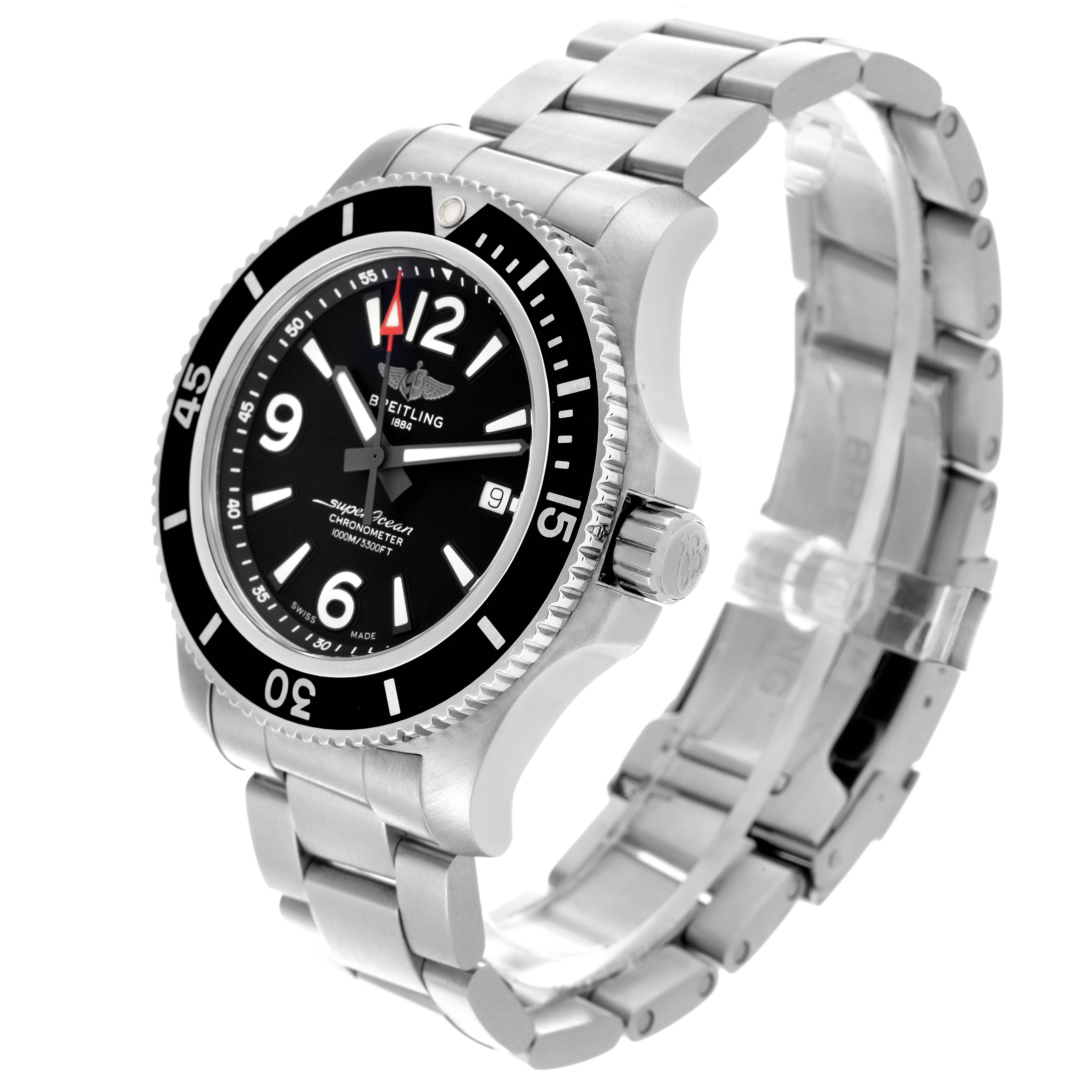 The Breitling Superocean A17367 Men's Stainless Steel Black Dial A17367 Men's Stainless Steel Black Dial watch is shown at a three-quarter angle, highlighting the face, bezel, crown, and bracelet.