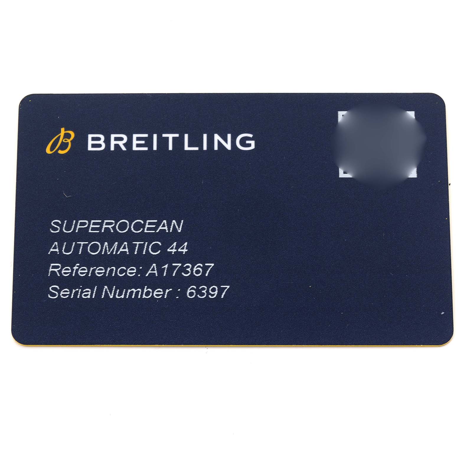 The image shows a Breitling Superocean A17367 Men's Stainless Steel Black Dial A17367 Men's Stainless Steel Black Dial watch warranty card, displaying its model and serial details.