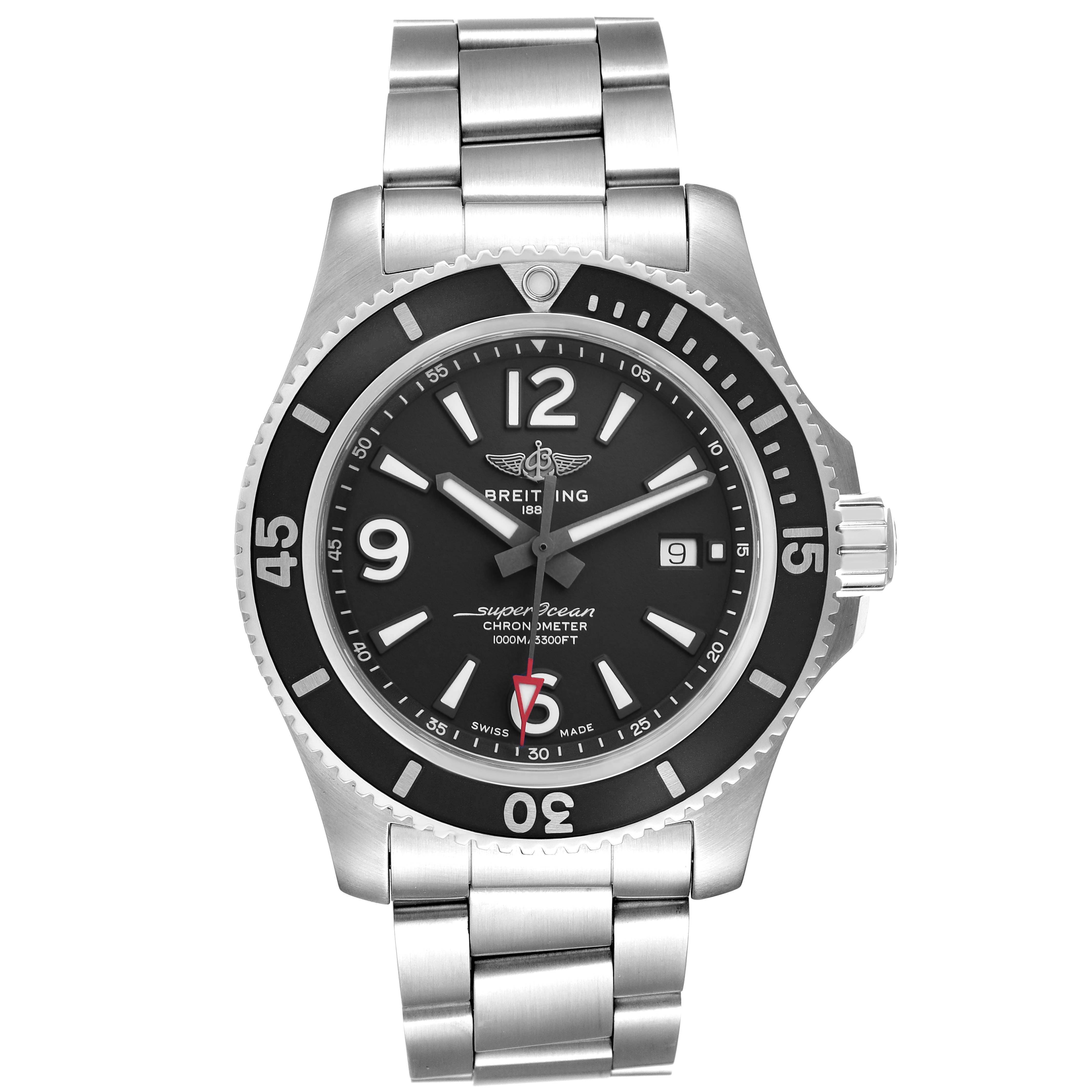The Breitling Superocean A17367 Men's Stainless Steel Black Dial A17367 Men's Stainless Steel Black Dial watch is shown from the front, displaying the dial, bezel, and stainless steel bracelet.