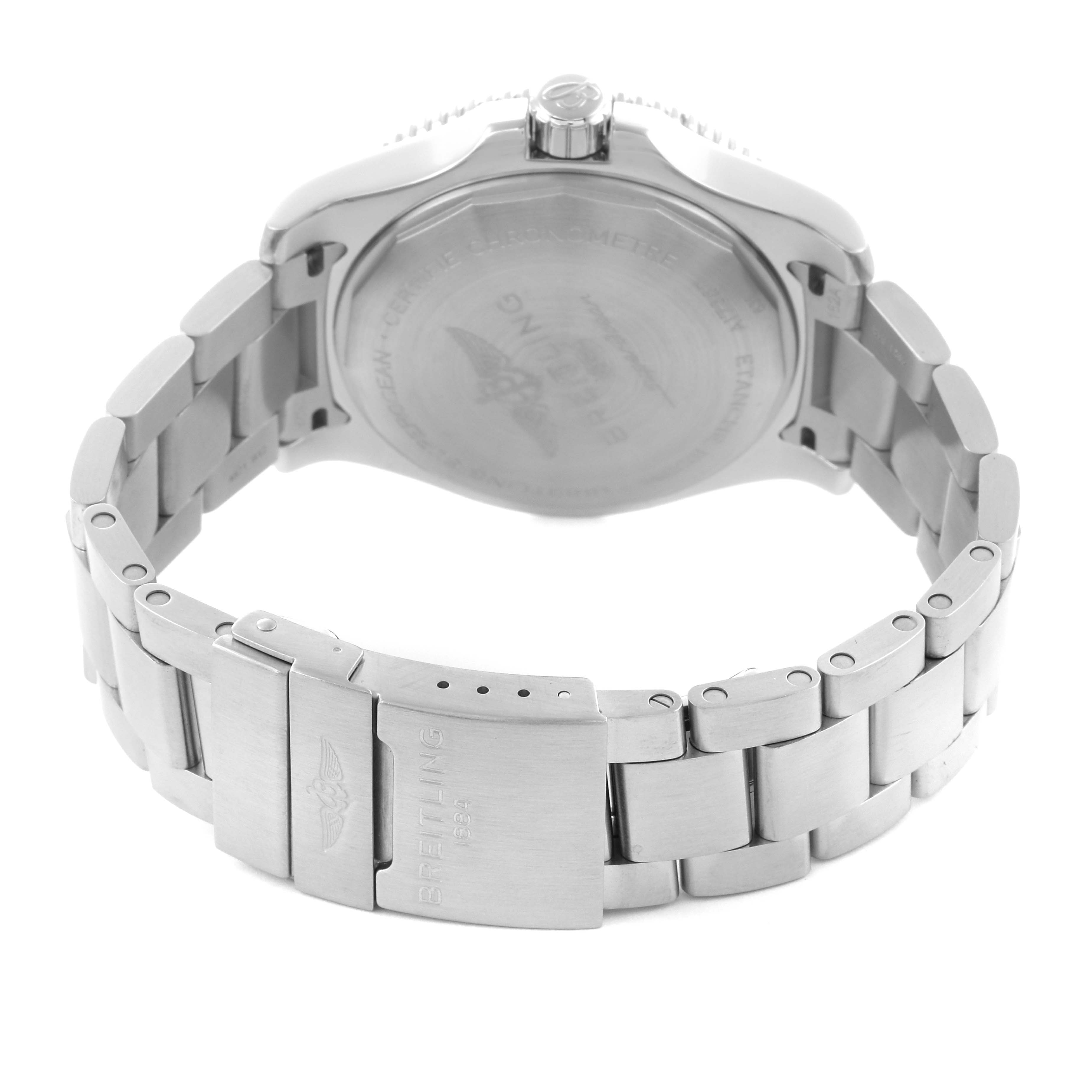 The image shows the back of a Breitling Superocean A17367 Men's Stainless Steel Black Dial A17367 Men's Stainless Steel Black Dial watch, focusing on the clasp and bracelet.