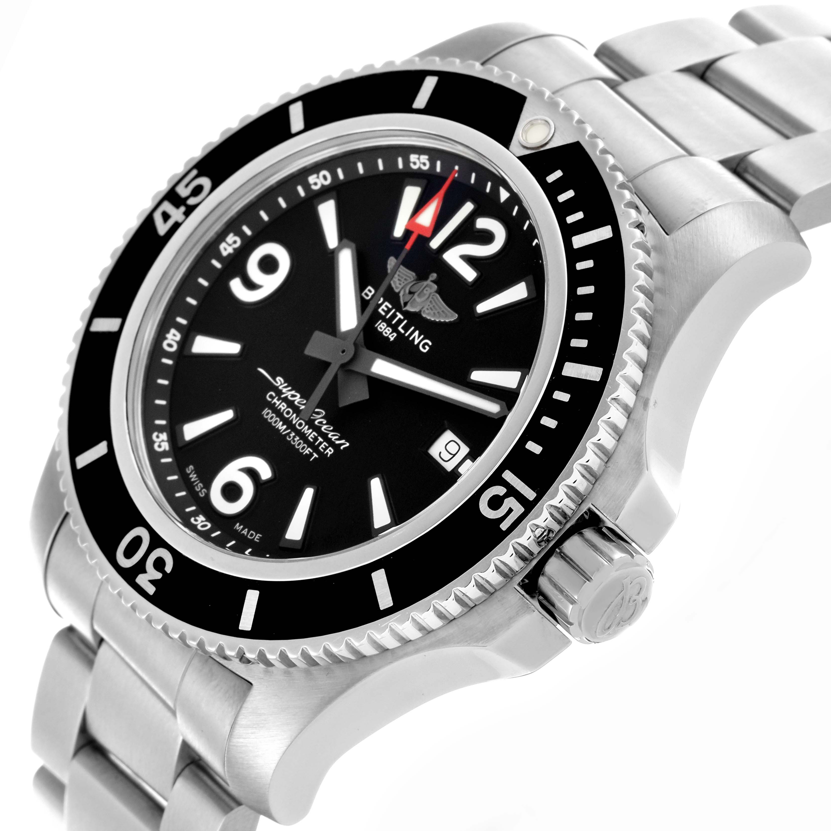 The Breitling Superocean A17367 Men's Stainless Steel Black Dial A17367 Men's Stainless Steel Black Dial watch is shown at an angled side view, highlighting the bezel, dial, crown, and stainless steel bracelet.