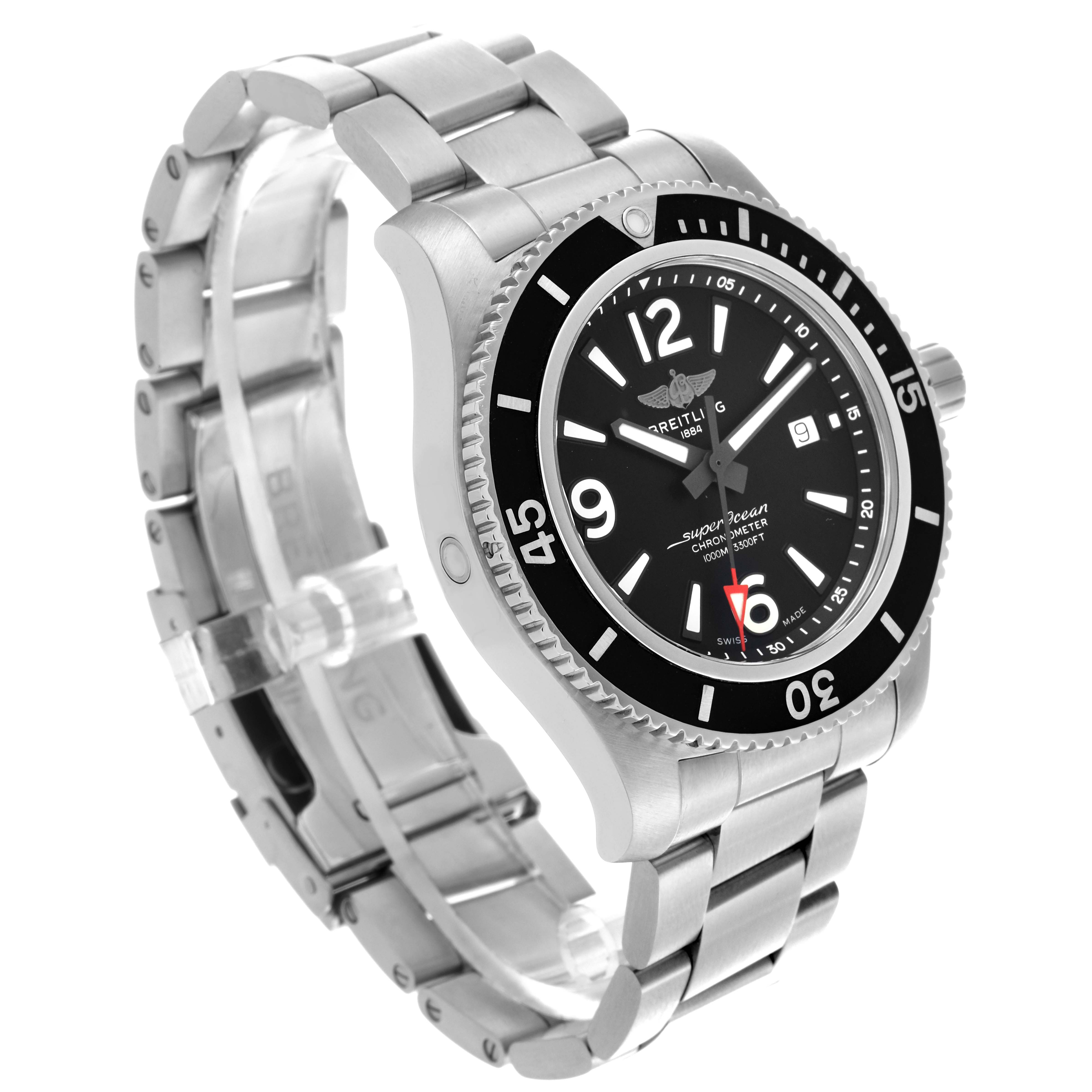 The Breitling Superocean A17367 Men's Stainless Steel Black Dial A17367 Men's Stainless Steel Black Dial watch is shown at a three-quarter angle, highlighting the face, bezel, case, and metal bracelet.