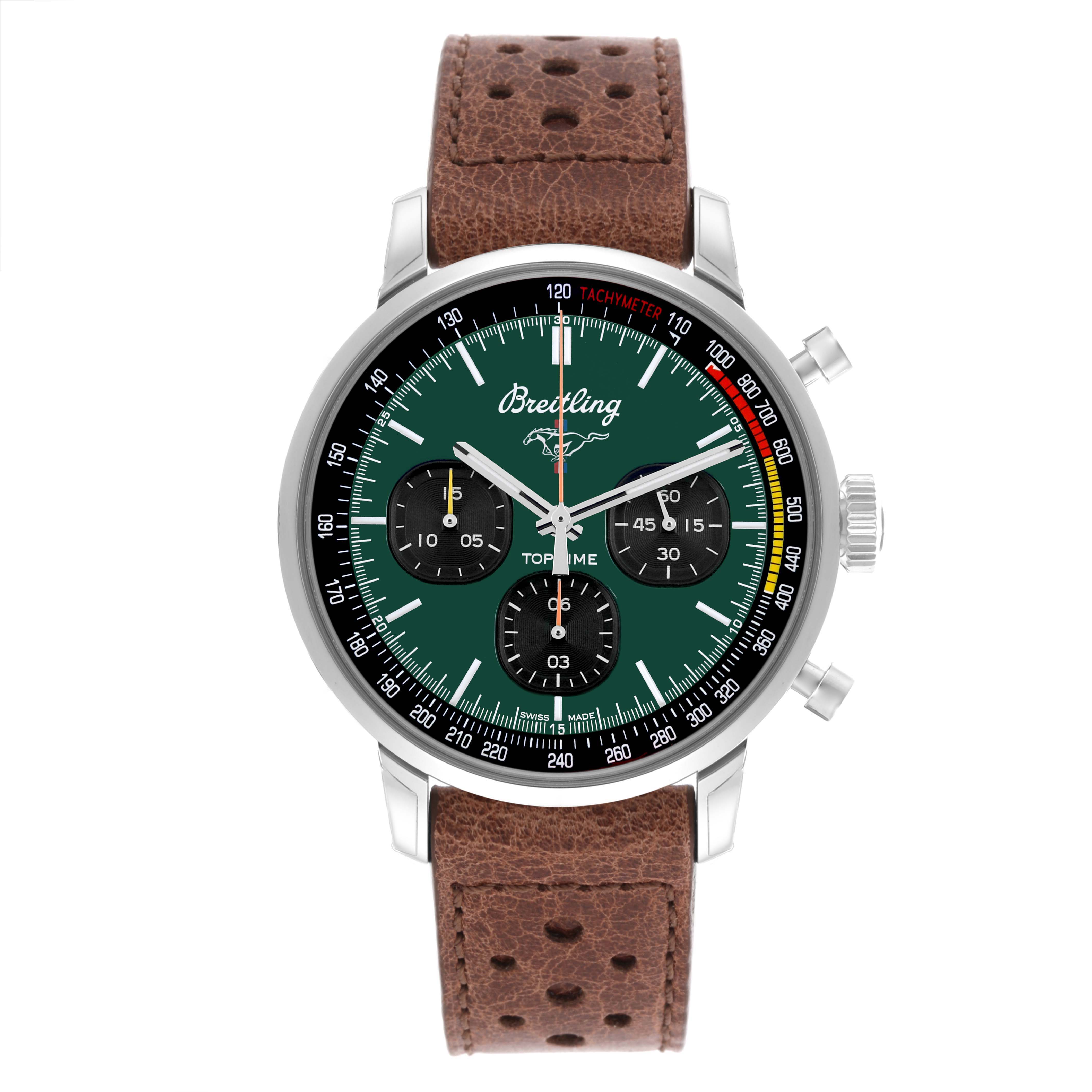The Breitling Premier A25310 Men's Stainless Steel Green Dial A25310 Men's Stainless Steel Green Dial model watch is shown from a front angle, highlighting the dial, subdials, and brown leather strap.