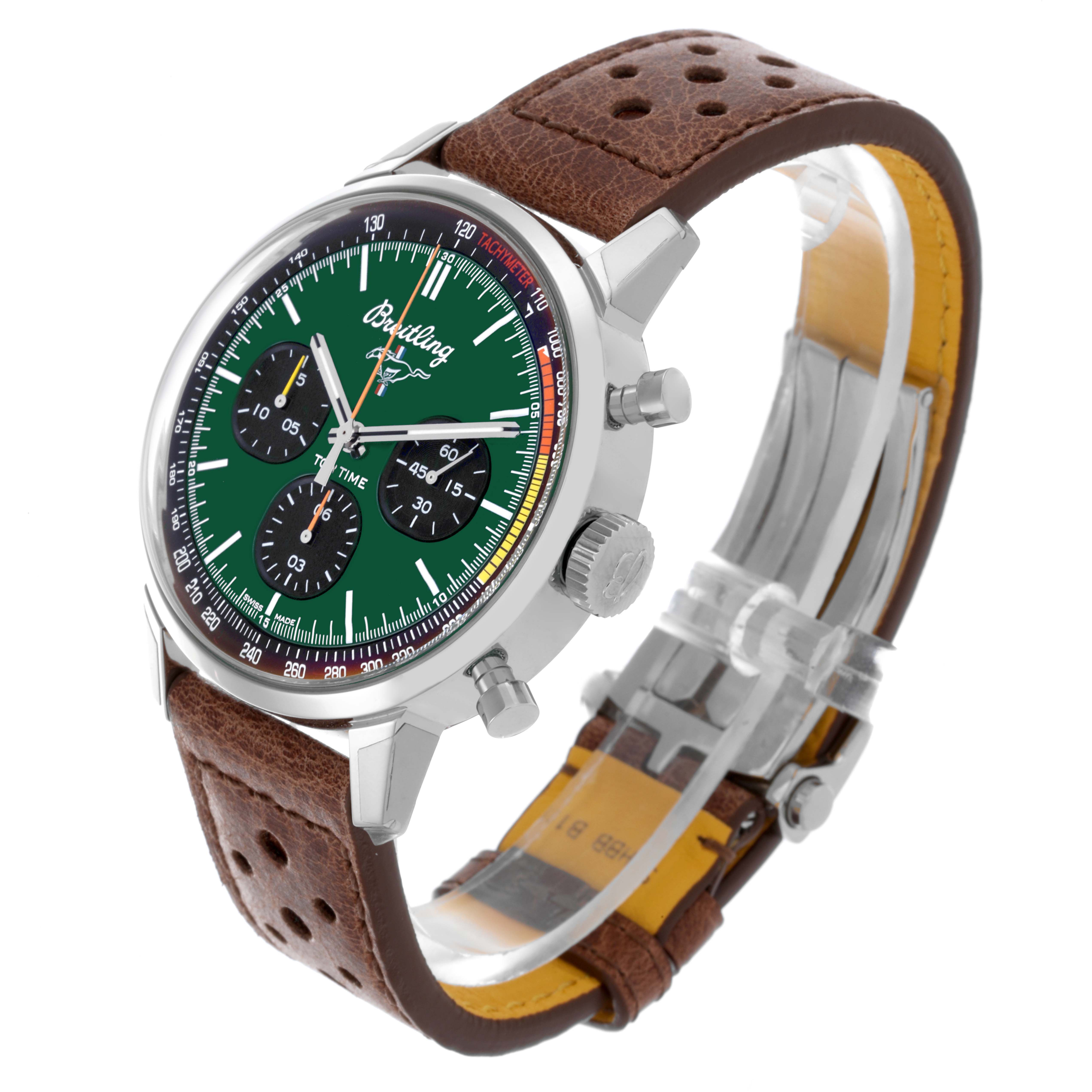 The Breitling Premier A25310 Men's Stainless Steel Green Dial A25310 Men's Stainless Steel Green Dial watch is shown at a three-quarter angle, highlighting the green dial, chronograph subdials, and brown leather strap.