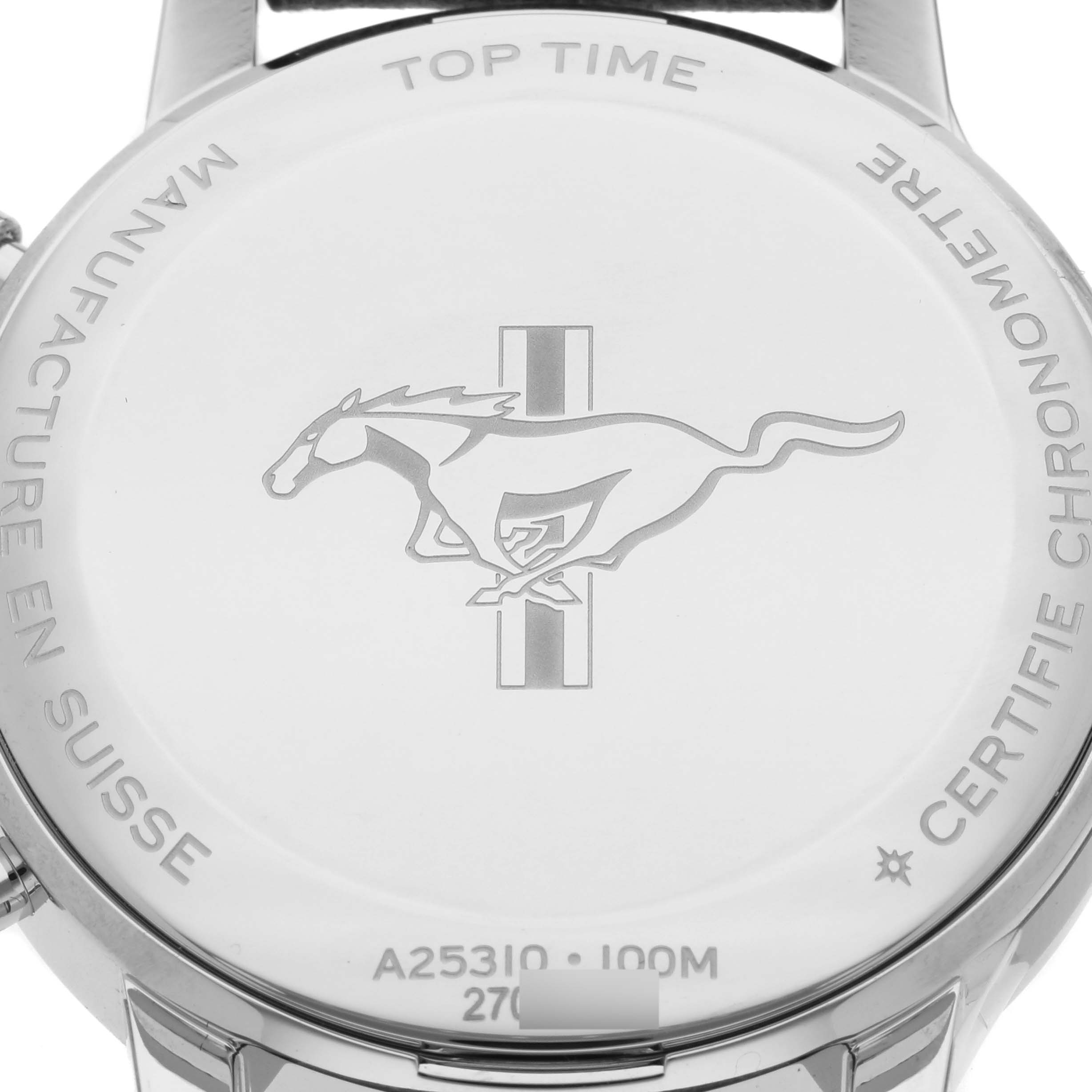 The image shows the back case of a Breitling Premier A25310 Men's Stainless Steel Green Dial A25310 Men's Stainless Steel Green Dial watch, featuring engravings and a Mustang logo.