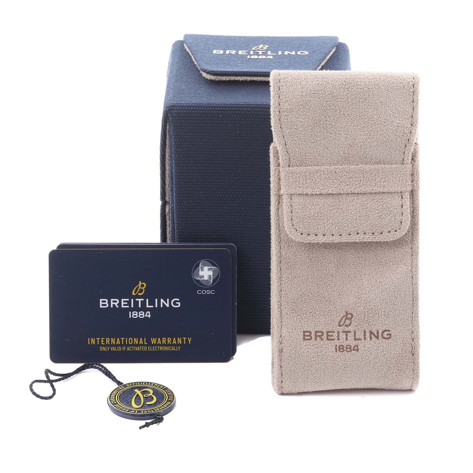 The image shows the packaging and accessories for the Breitling Premier A25310 Men's Stainless Steel Green Dial A25310 Men's Stainless Steel Green Dial model, including a box, warranty card, and pouch.